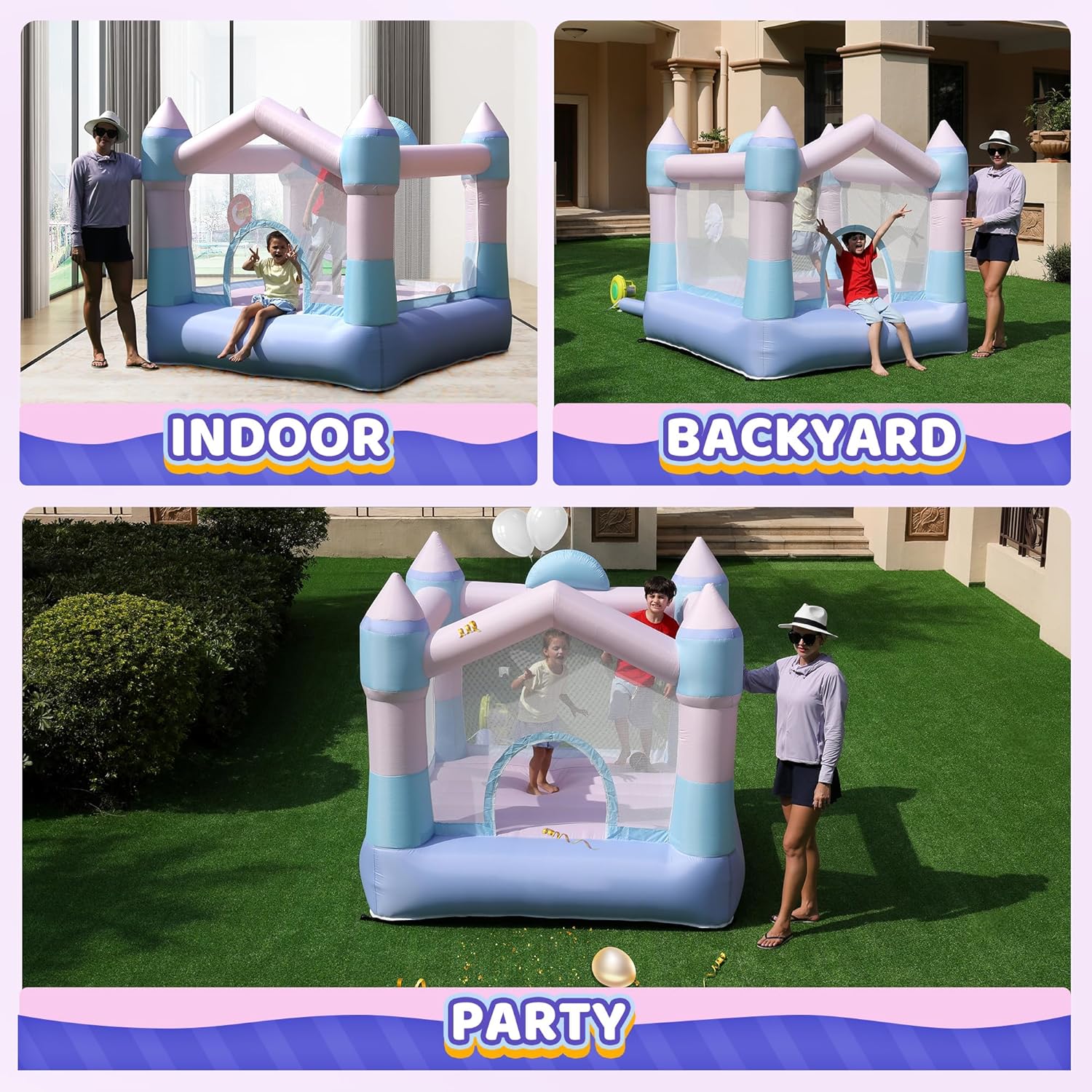 Mini Bounce House, Inflatable Bouncer with Blower for Kids 3-8, 7.05 ft L x 6.88 ft W x 6.39 ft H Bouncy Castle with Basketball Hoop, Target Game for Backyard