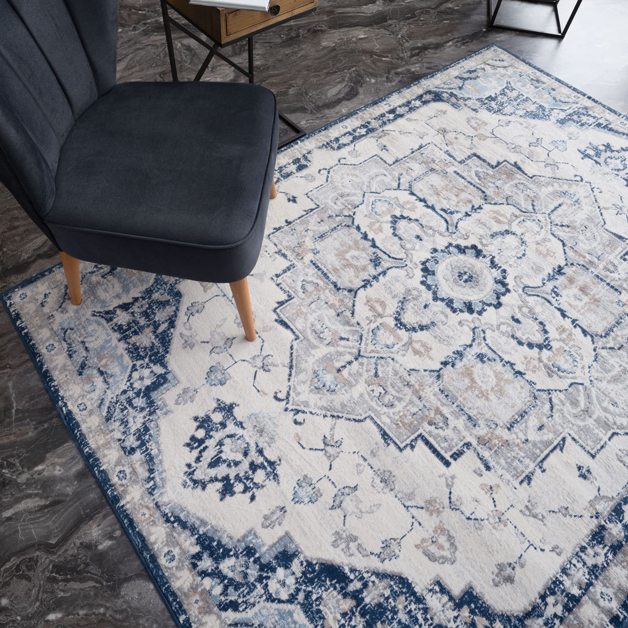 The Rugs Unisex Navy Montana Medallion & Cream Living Room Area Rug 4000 | Size: 120Cm X 170Cm