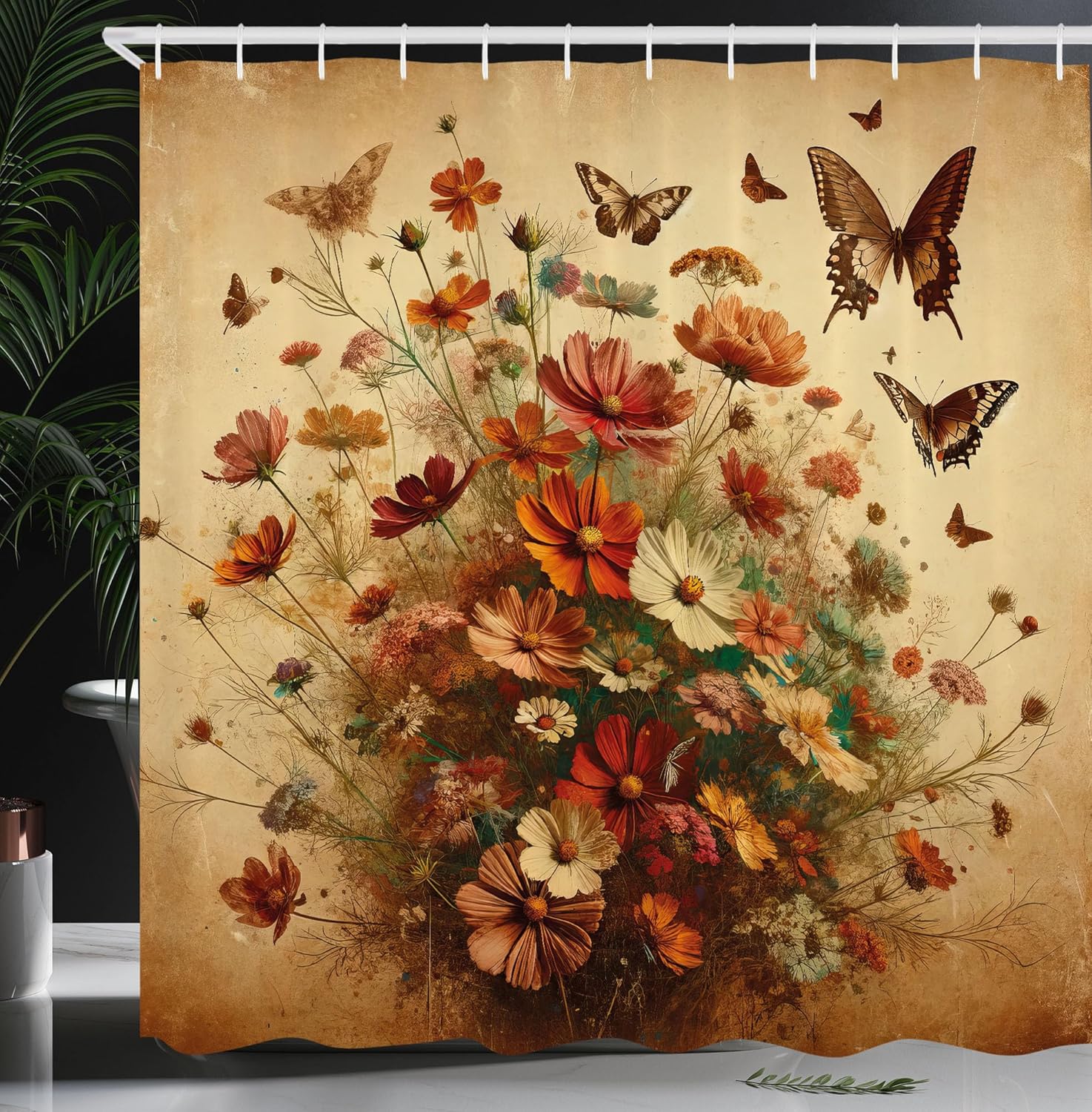 Ambesonne Vintage Shower Curtain, Dreamy Composition of Dancing Butterfly and Spring Floral Huddle Retro Farm, Cloth Fabric Bathroom Decor Set with Hooks, 69" W x 84" L, Caramel Burgundy