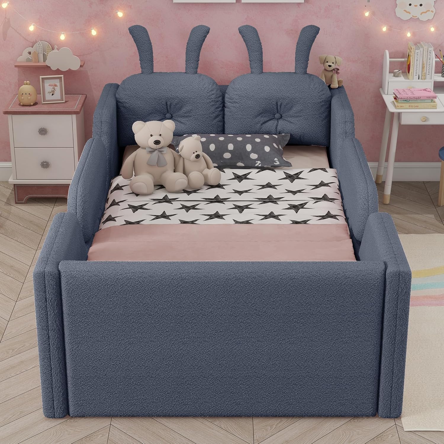 LUMISOL Twin Size Upholstered Platform Bed with Rabbit Cushion, Kids Floor Upholstered Bed with Removable Side Rails, No Box Spring Needed, Grey