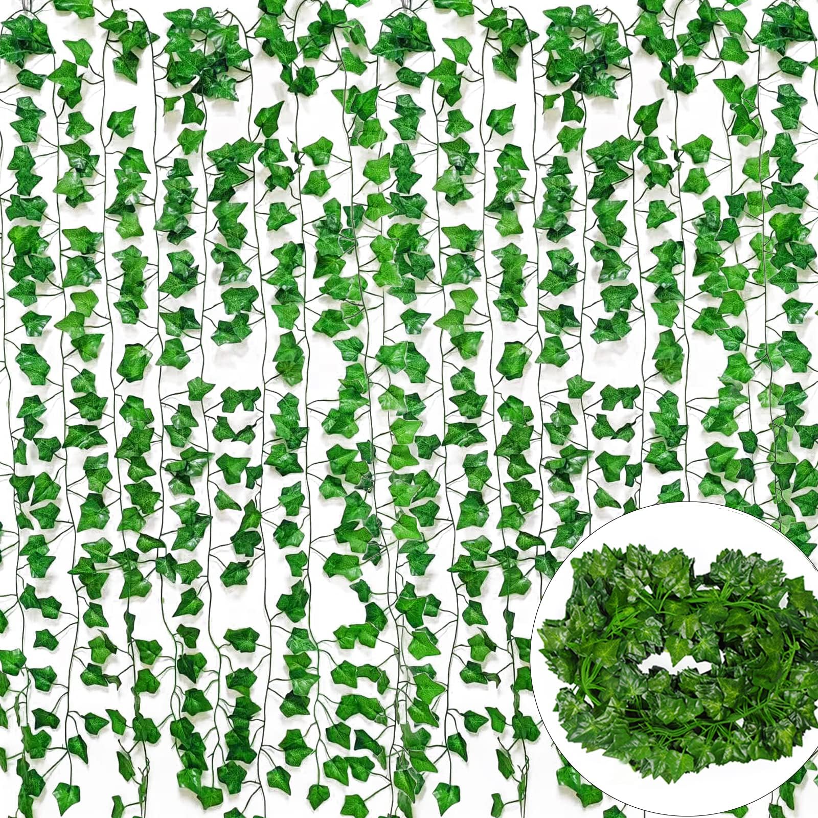 12 Pack 84 feet Artificial Ivy Greenery Garland, Fake Vines Pants with Fake Leaves, Vines for Bedroom Wedding Home Kitchen Garden Party Room Decor (Green)