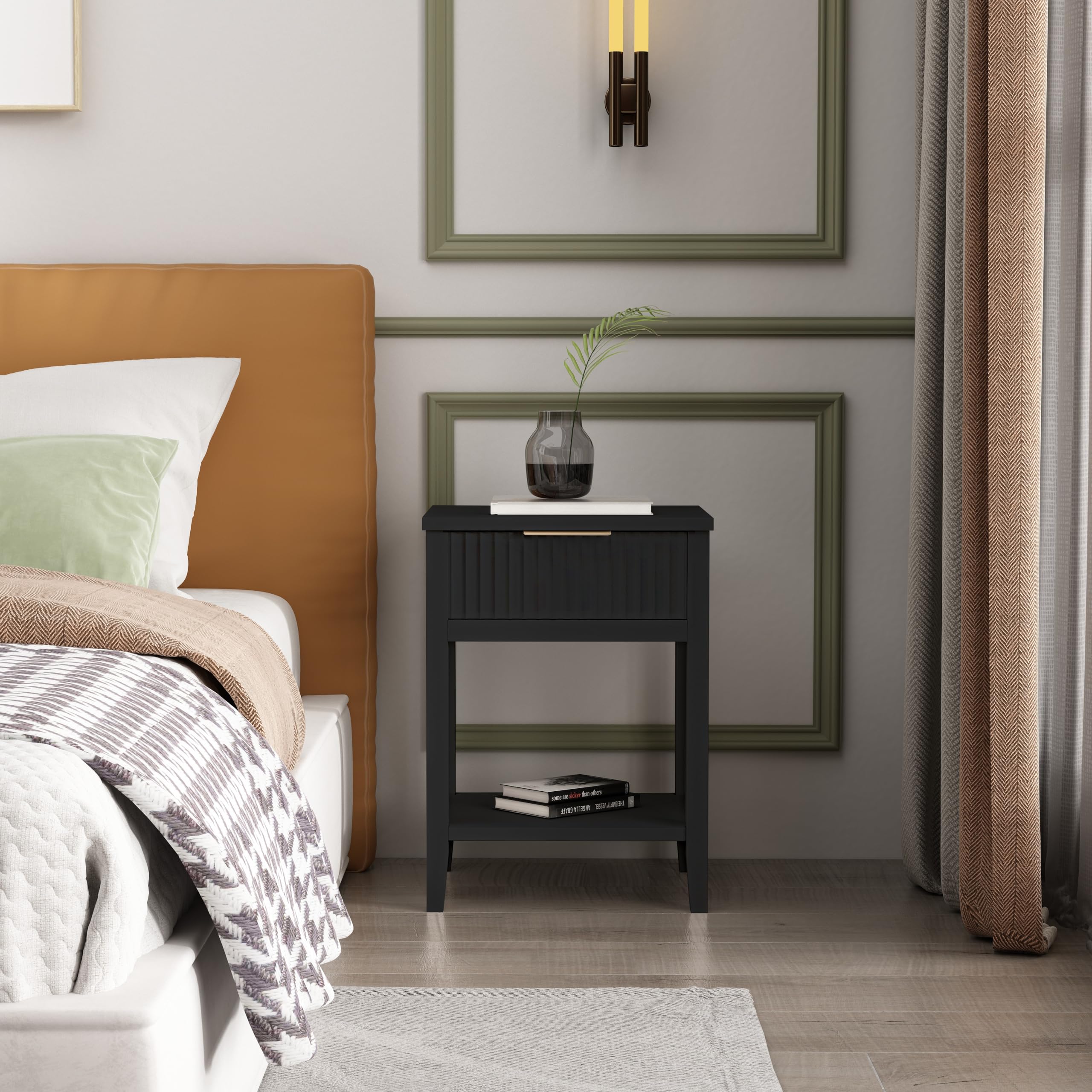 Cabinet Bits Bedside Table, Pine Wood, Black, One Size