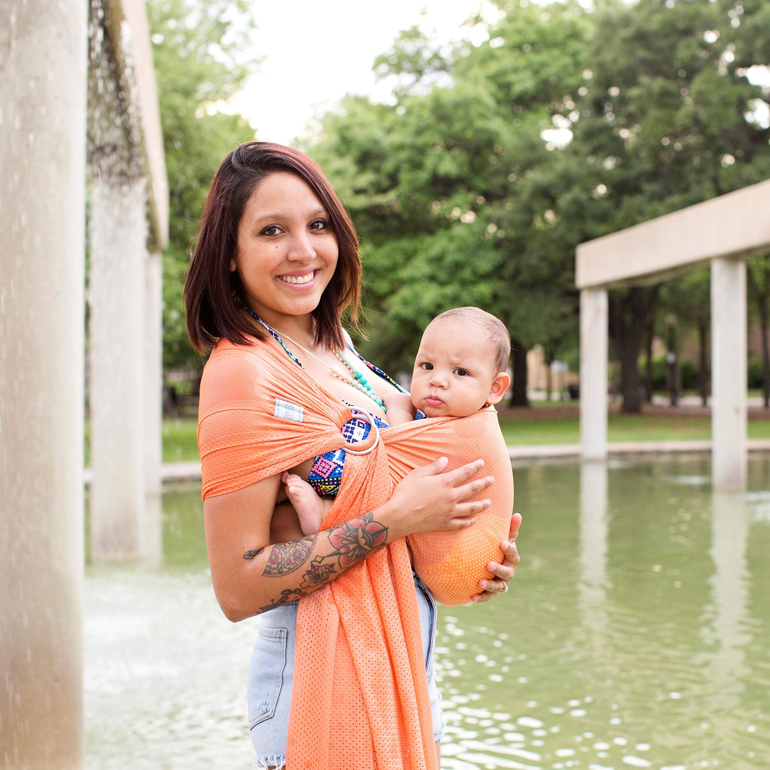 Versatile Water & Warm Weather Ring Sling Baby Carrier | Made in USA with Safety Tested Fabric & Aluminum Rings | Lightweight, Quick Dry & Breathable (Coral Sea, One Size)