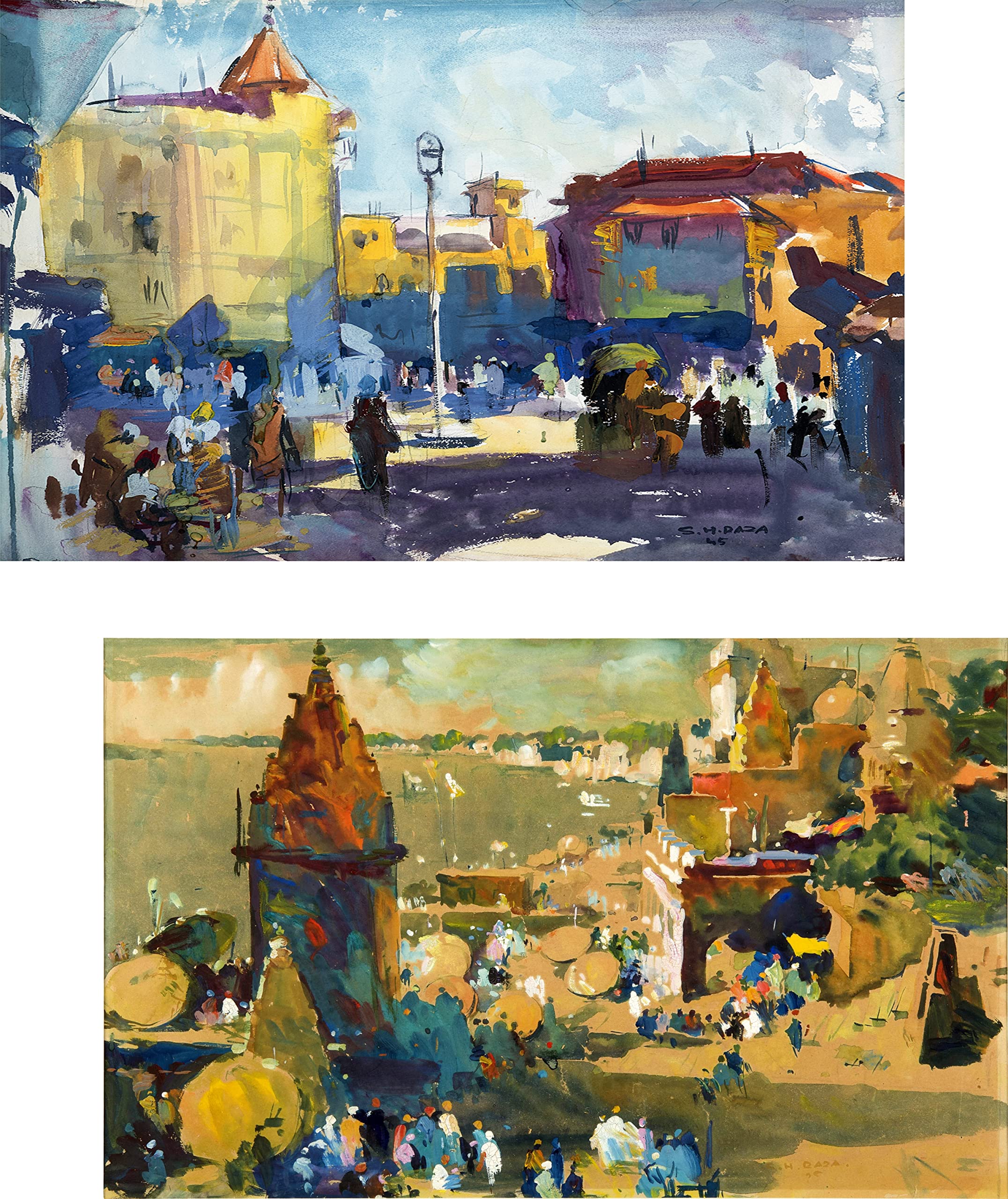 Decoratus� *Cityscape (Princess Street, Mumbai)* & *The Hindu (Ganga Ghat, Banaras)*- 2 Paintings by S. H. Raza. Set of 2 Wall D�cor (Canvas + Pinewood). Size:12"x18" each.