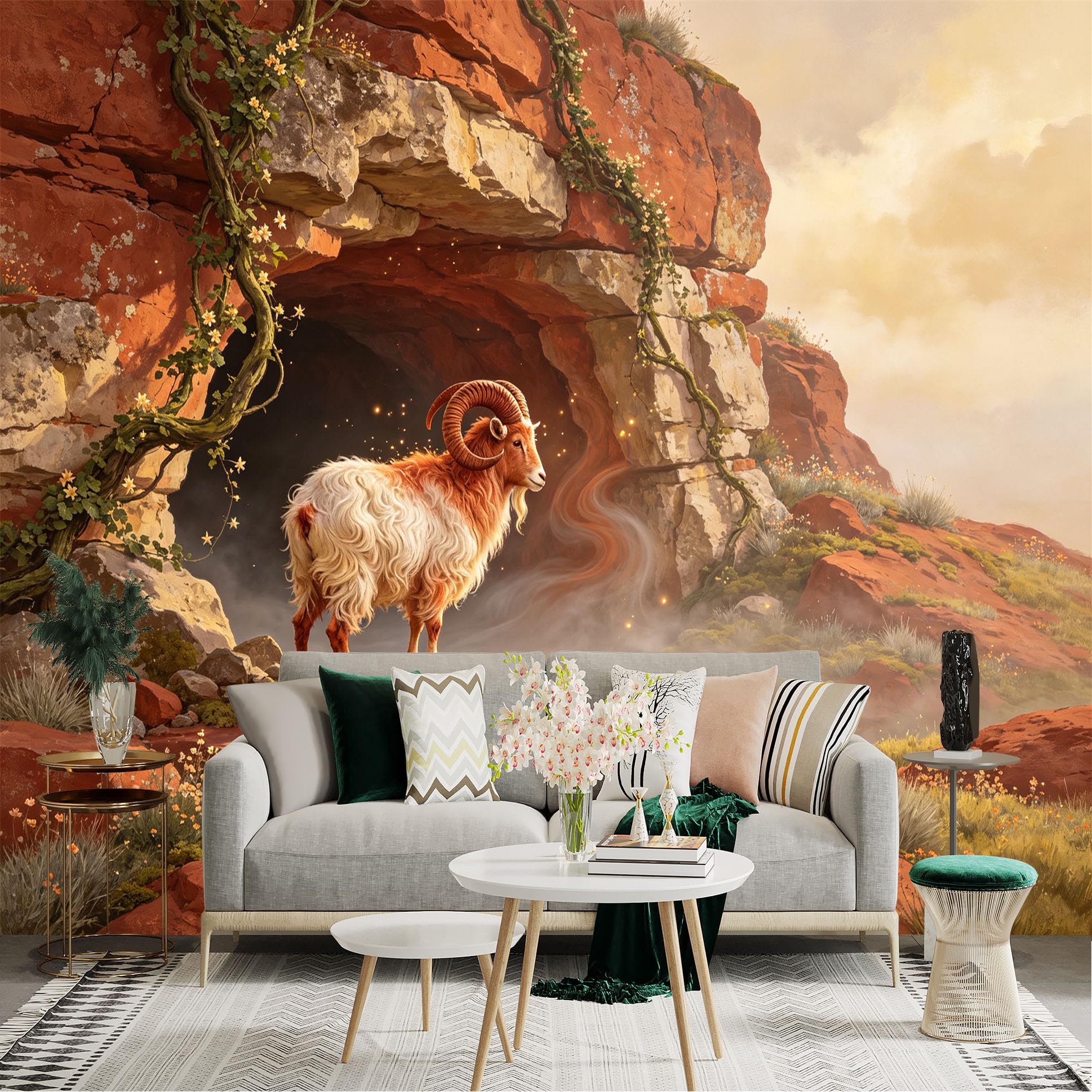 Lnzczhyre Bh260719330 Custom Size Wall Sticker Mural， Majestic Bighorn Sheep In Rocky Cave， Enchanted Mountain Landscape， For Wall Decoration， Peelandstick Wall Decals.