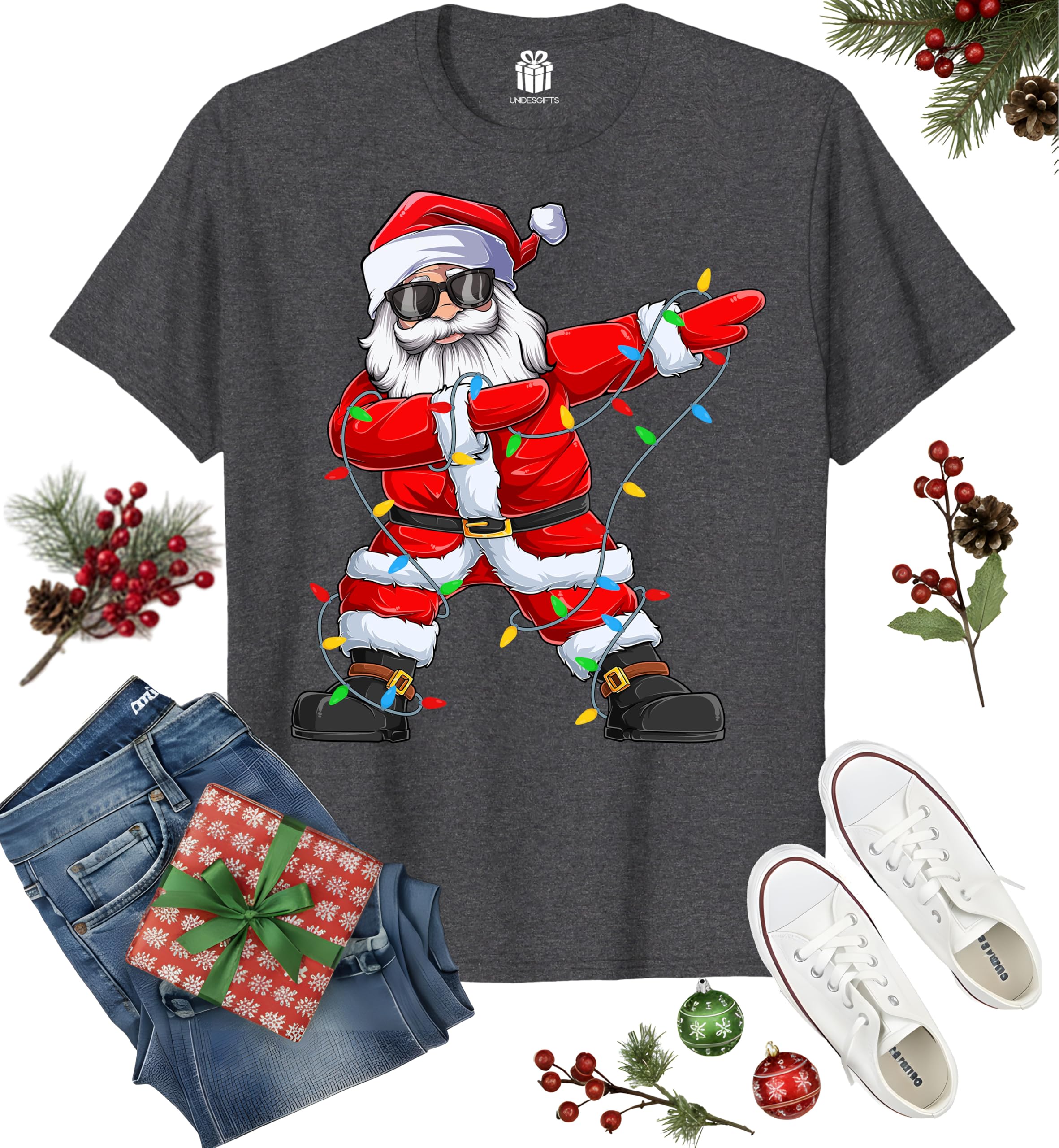 Dabbing Santa Christmas Red Lights T-Shirt for Men, Boys, Girls and Kids, Funny Dad Boyfriend Son