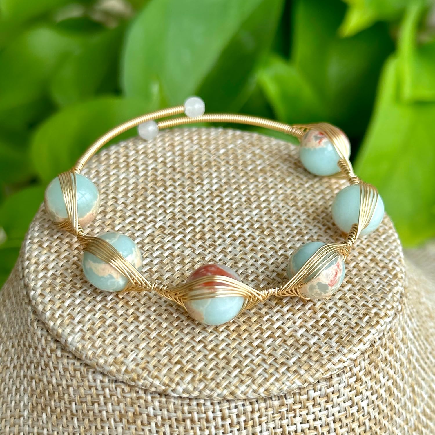 Agalmatolite African Opal 14k Gold Filled Wire Wrapped Bracelet, Birthstone Adjustable Bangle Cuff. Healing Gemstone Crystal, Gift for Her