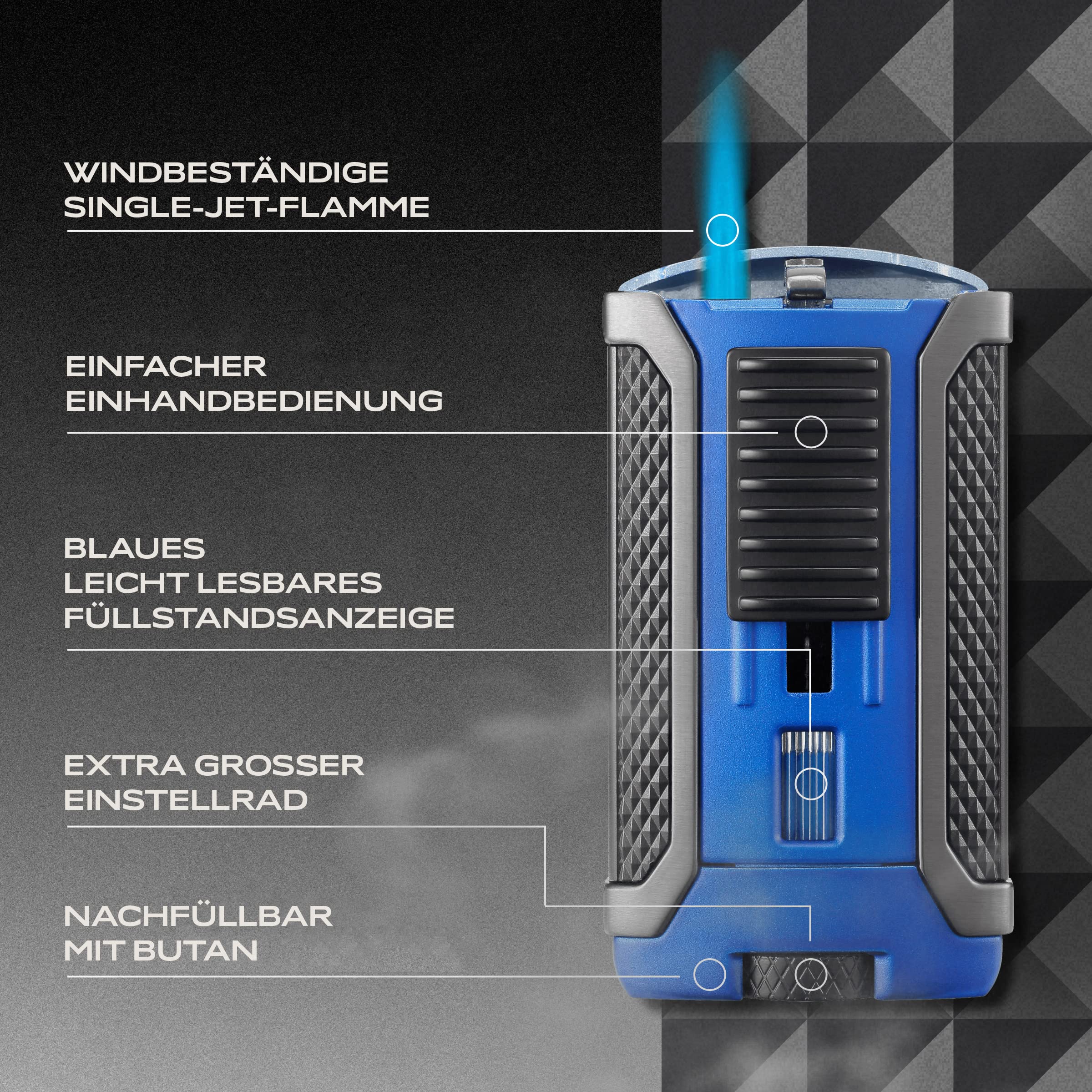 Colibri Apex Sturmfeuerzeug - Windbeständig - Extragroße Einstellrad - Jet Feuerzeug Mit Einzel Jetflamme - Mit Gas Nachfüllbar (Nicht Im Lieferumfang Enthalten) - Schöne Elegante Geschenkbox Blau