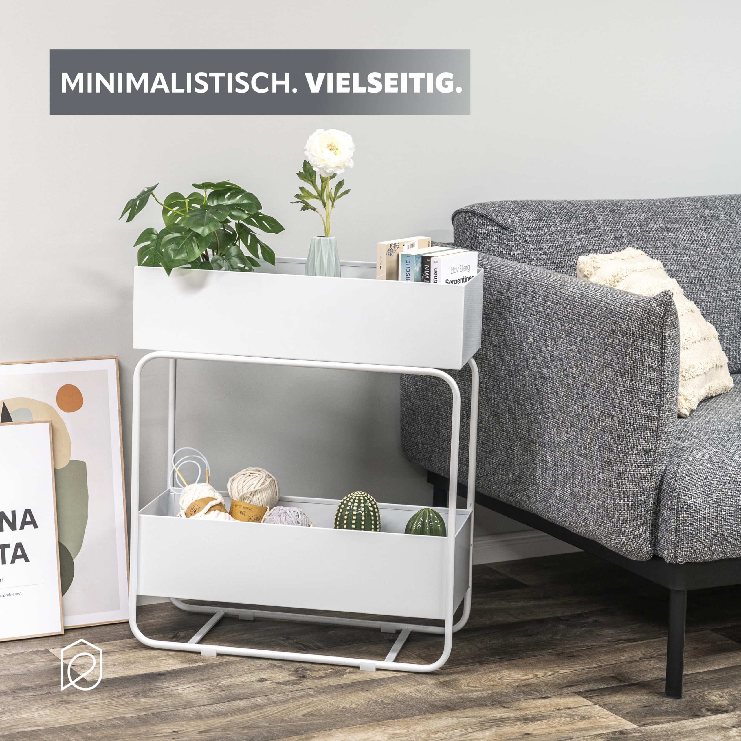 eluno Pflanzenständer, Blumenständer mit 2 Ablagen, Bücherregal, stilvolles Multifunktionsregal aus Metall ca. 60 x 25 x 71 (B/T/H) (Weiß)