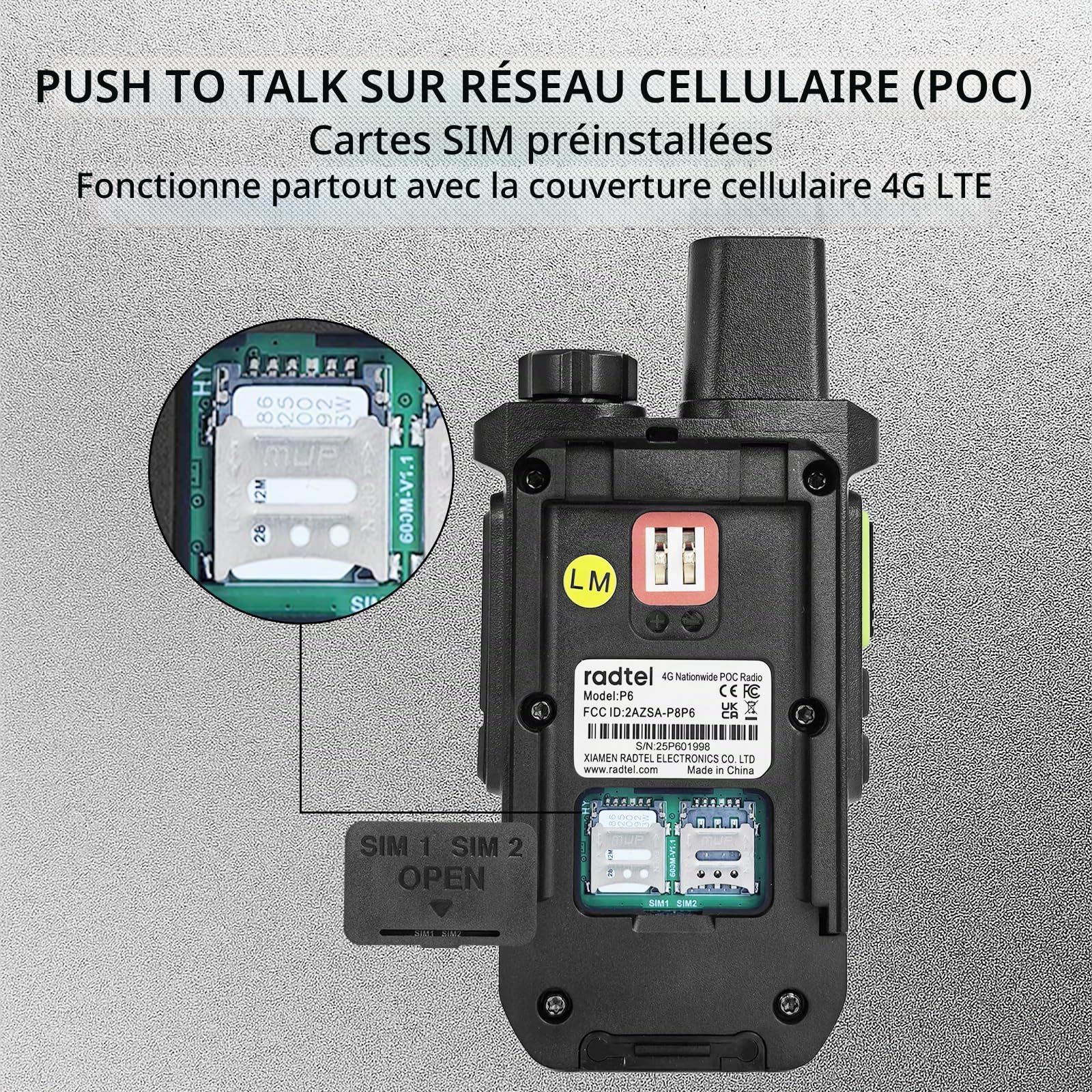 Radio Radtel P6 PoC (Push-to-Talk sur cellulaire), talkies-Walkies Portables à portée illimitée dans Tout Le Pays, radios bidirectionnelles Rechargeables (Lot de 2 avec 2 Cartes SIM)
