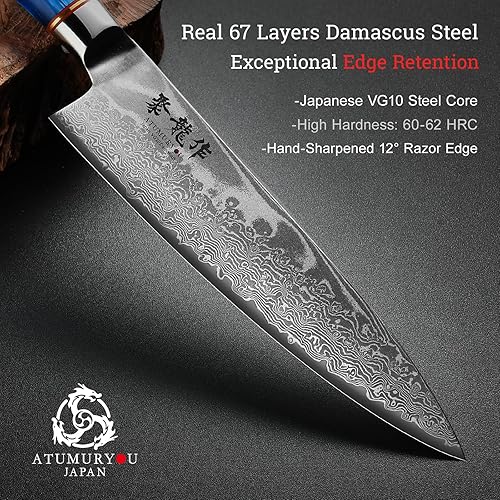 Miniatura 3 de Cuchillo de Chef Japonés, Cuchillo de Cocina Damasco de 8 Pulgadas con Acero VG10, Cuchillo Afilado Hecho a Mano con Mango Ergonómico, Cuchillos de
