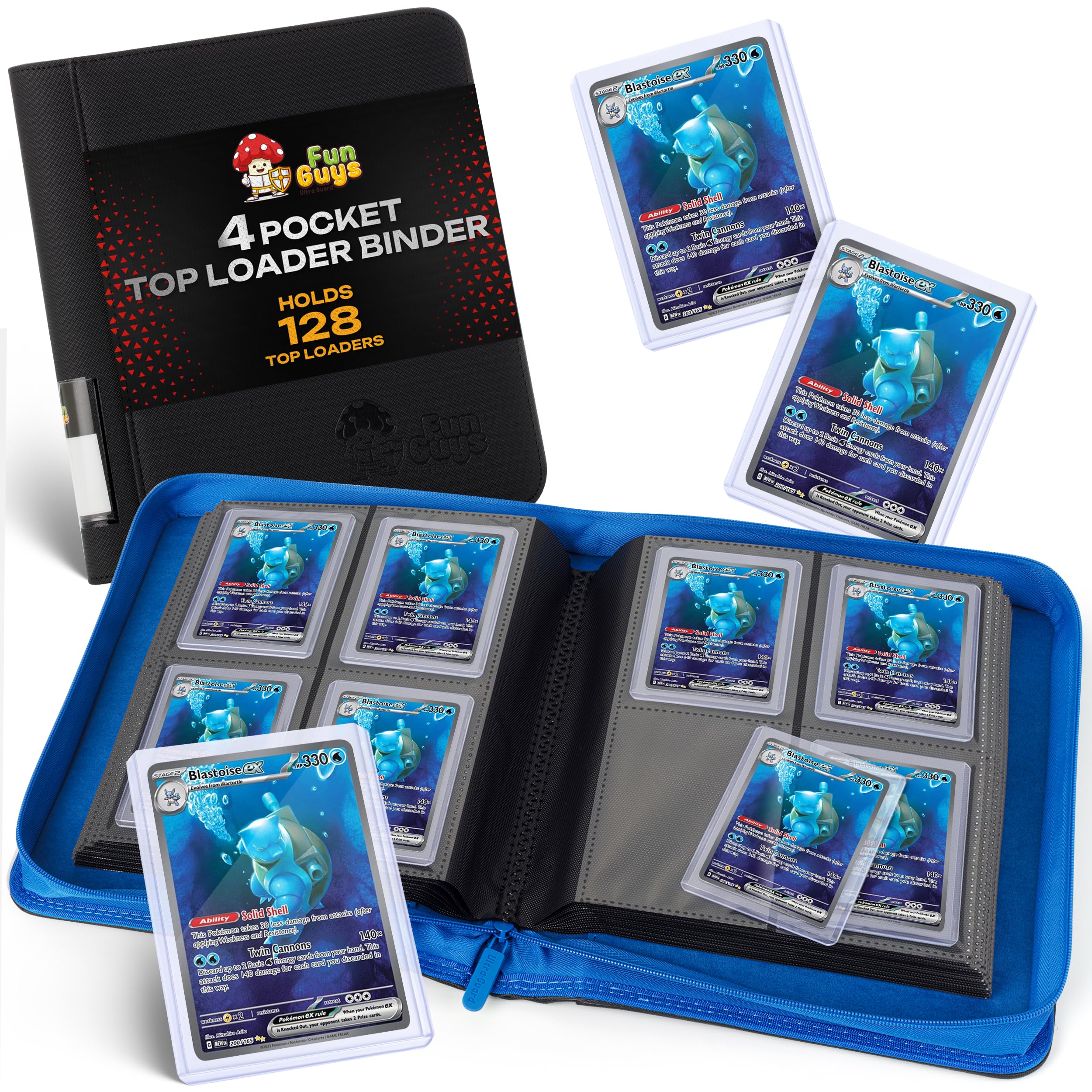 FunGuys Toploader Binder, Trading Card Binder Storage,128 4 Pocket Top Loader Pokemon Binder, Card Collection for Yugioh, MTG, TCG, Card Folders for Trading Cards