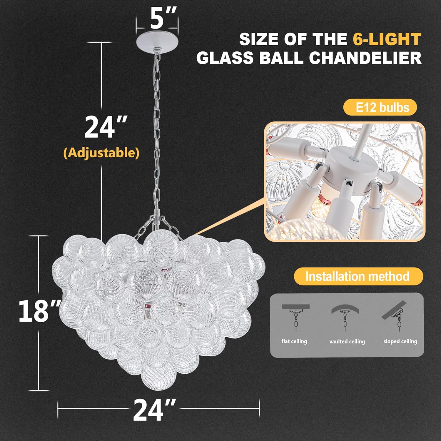 Hand Blown Glass Bubble Ball Chandelier White Finish 24" Pendant Light Fixture Art Deco Cluster Swirled Ribbed Glass Globe Lighting for Bedroom Dining Room Bedroom Bathroom Entry