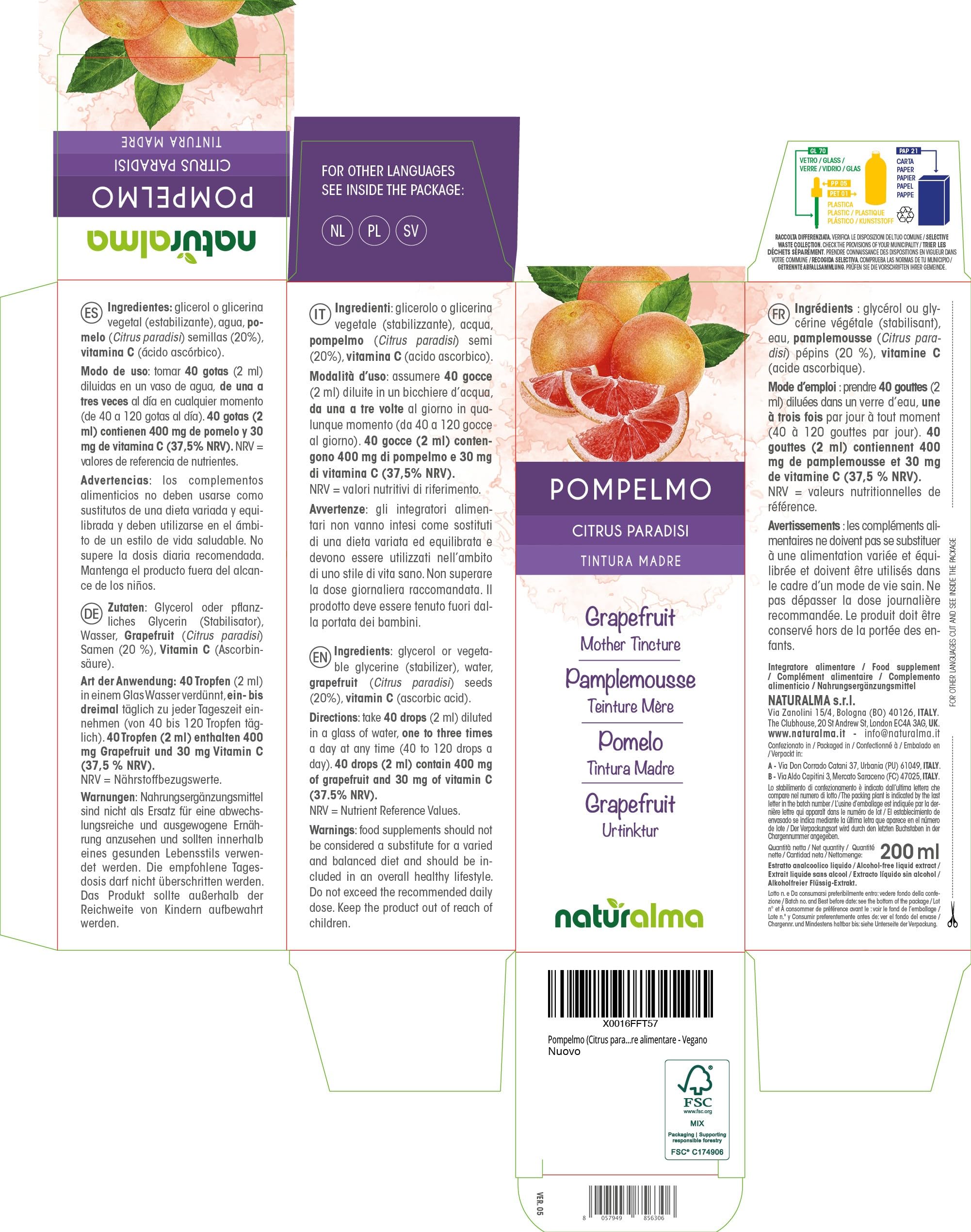 Pamplemousse (Citrus paradisi) pépins Teinture Mère sans alcool Naturalma -Riche en vitamine C - Extrait liquide gouttes 200 ml - Complément alimentaire - Végétalien ou végan