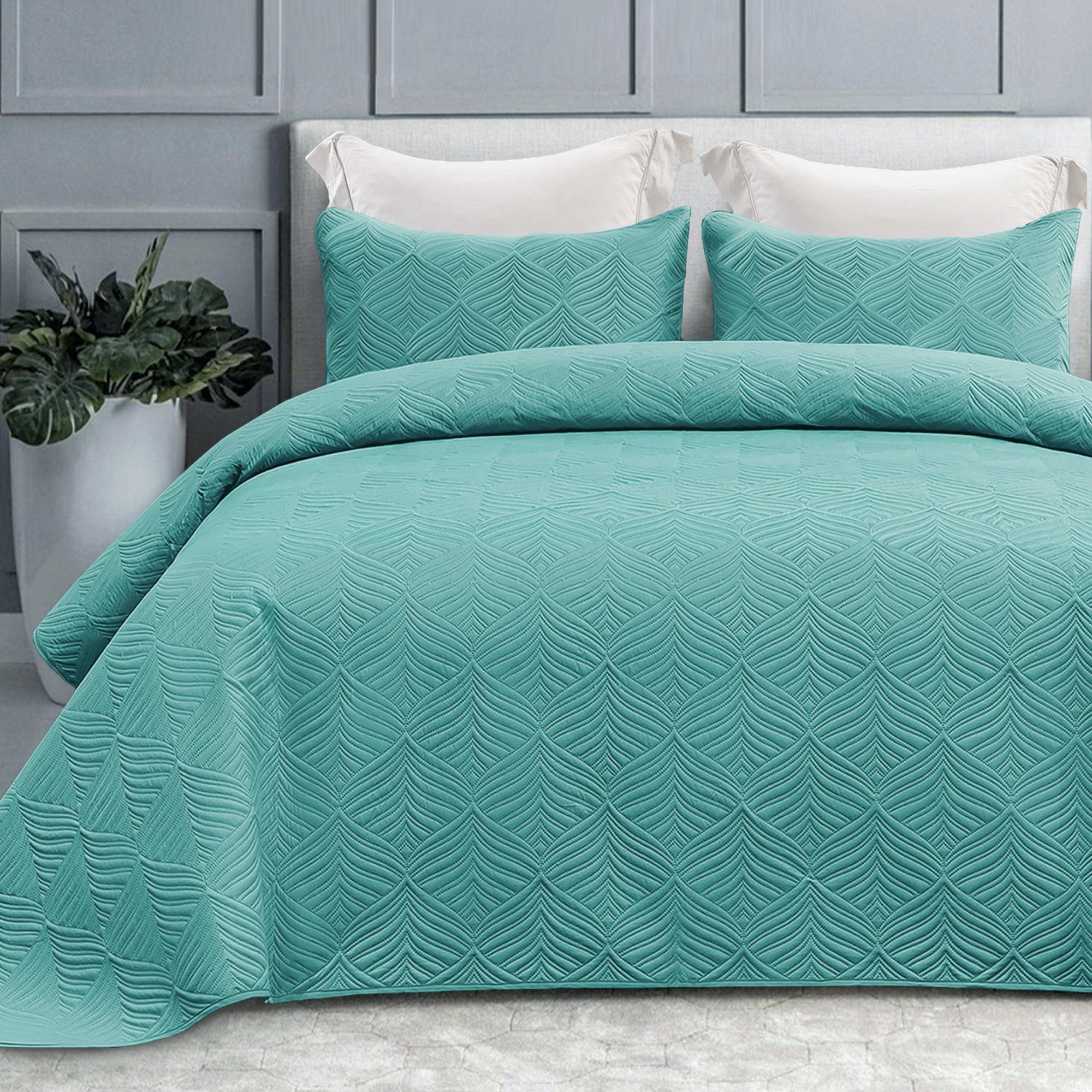 Whale Flotilla Colcha Moderna de 240 x 260 cm, Colcha con 2 Fundas de Almohada, Edredón de Microfibra con Estampado en Relieve, Ropa de Cama Ligera y Suave para 4 Estaciones, Verde