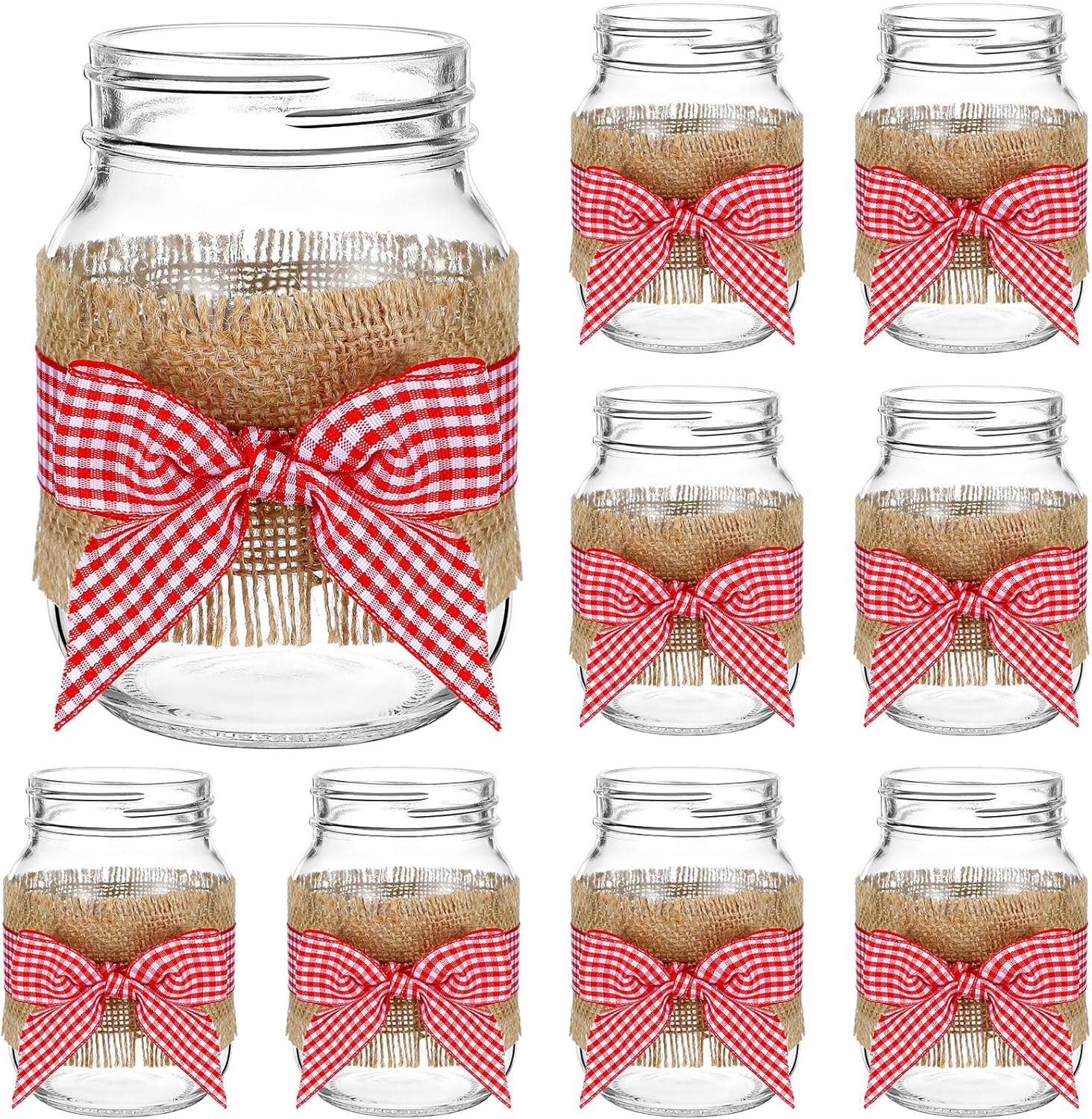9 Sets 13 Pcs Picnic Party Centerpieces for Table Mason Jar Table Centerpieces with Red and White Gingham Ribbon Burlap for Picnic Pizza Farmhouse Wedding Birthday Party BBQ Baby Shower Decor