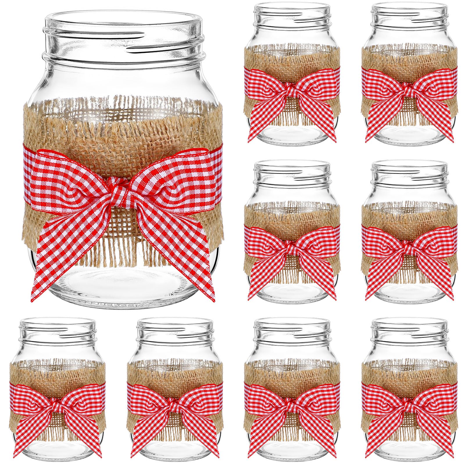 Photo 1 of Gandeer 9 Sets 12 Pcs Picnic Party Centerpieces for Table Mason Jar Table Centerpieces with Red and White Gingham Ribbon Burlap for Picnic Pizza Farmhouse Wedding Birthday Party BBQ Baby Shower Decor