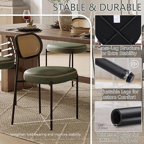 Miniatura 5 de Juego de 2 sillas de comedor de ratán, sillas de comedor tapizadas de cuero verde con respaldo de caña de ratán, sillas de comedor modernas de