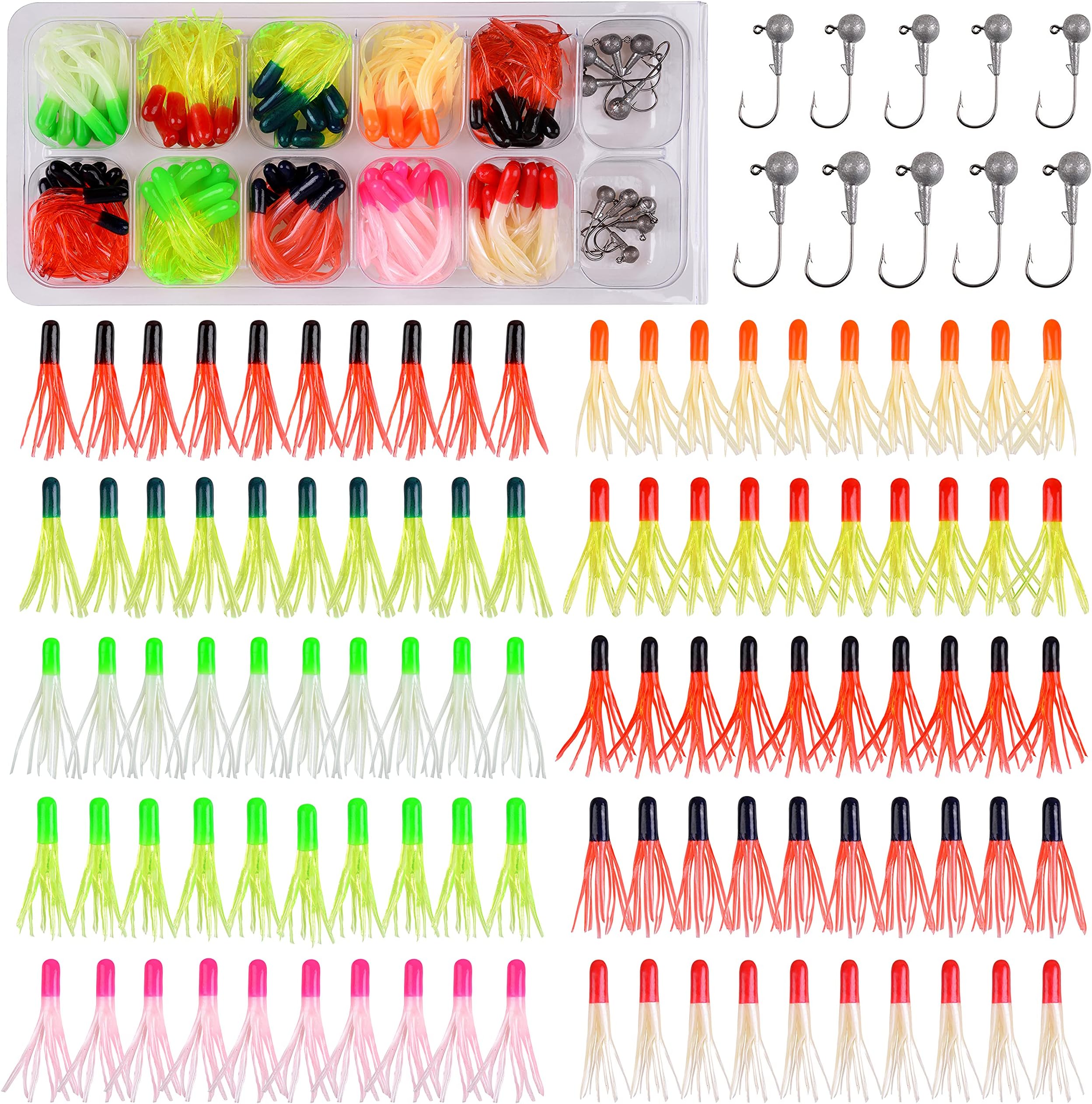 Soft Fishing Lures Jig Head Hooks Kit, Crappie Jigs Heads Curly Grub Lures Tube Bait Jigs Mixed Color Soft Plastic Worm Swimbaits Tube Jigs Tackle for Bass Trout Saltwater Freshwater Fishing