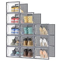 HOMIDEC Scatole per Scarpe,12 pcs Scatole Portascarpe in Plastica Trasparenti impilabili, Contenitori Portascarpe con Coperchi per donna, uomo,L Grigio