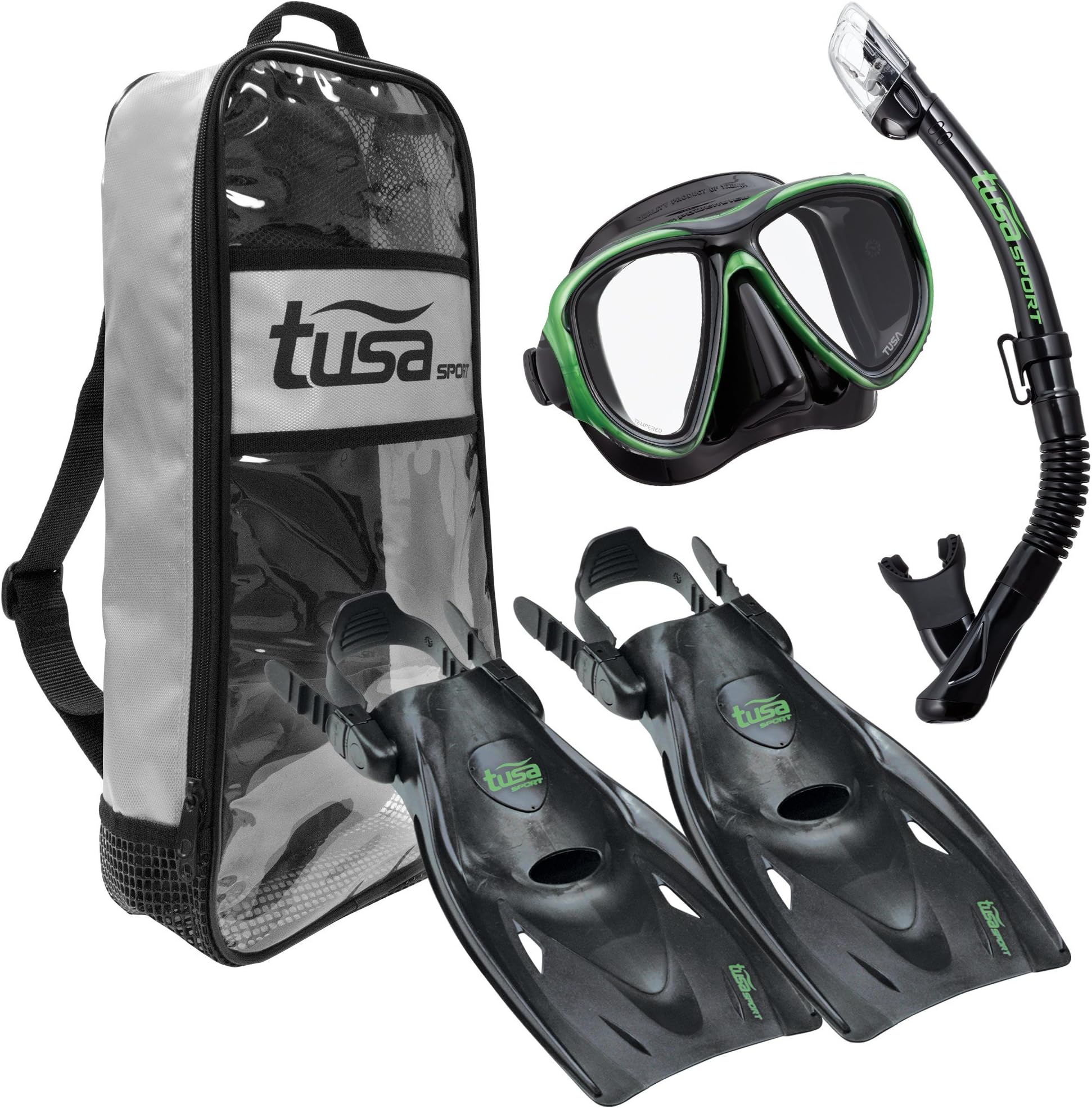 TUSA Sport Adult Powerview Mask, Dry Snorkel, and Fins Travel Set