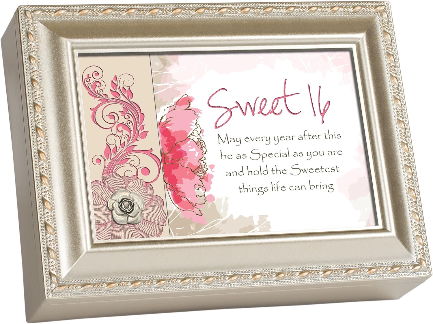 Cottage Garden Sweet Sixteen Pink Floral Champagne Silver Rope Trim Music Box Plays You Light Up My Life