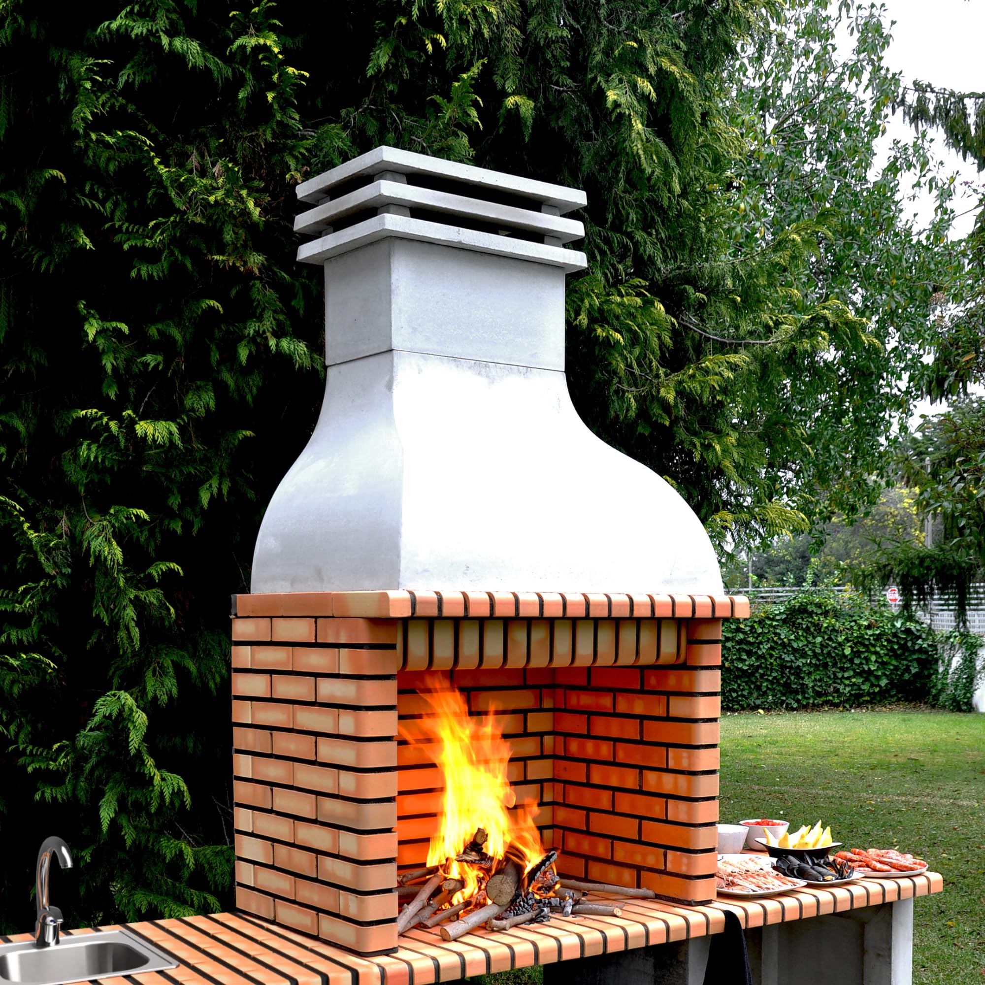 MAESTRO FERRETERO MOVELAR – Barbecue a legna prefabbricata e carbone modello Altea (grigio, arancione – 268 x 70 x 255 cm) Ref: M00042 – Cucina da esterno con lavabo per giardino e terrazza