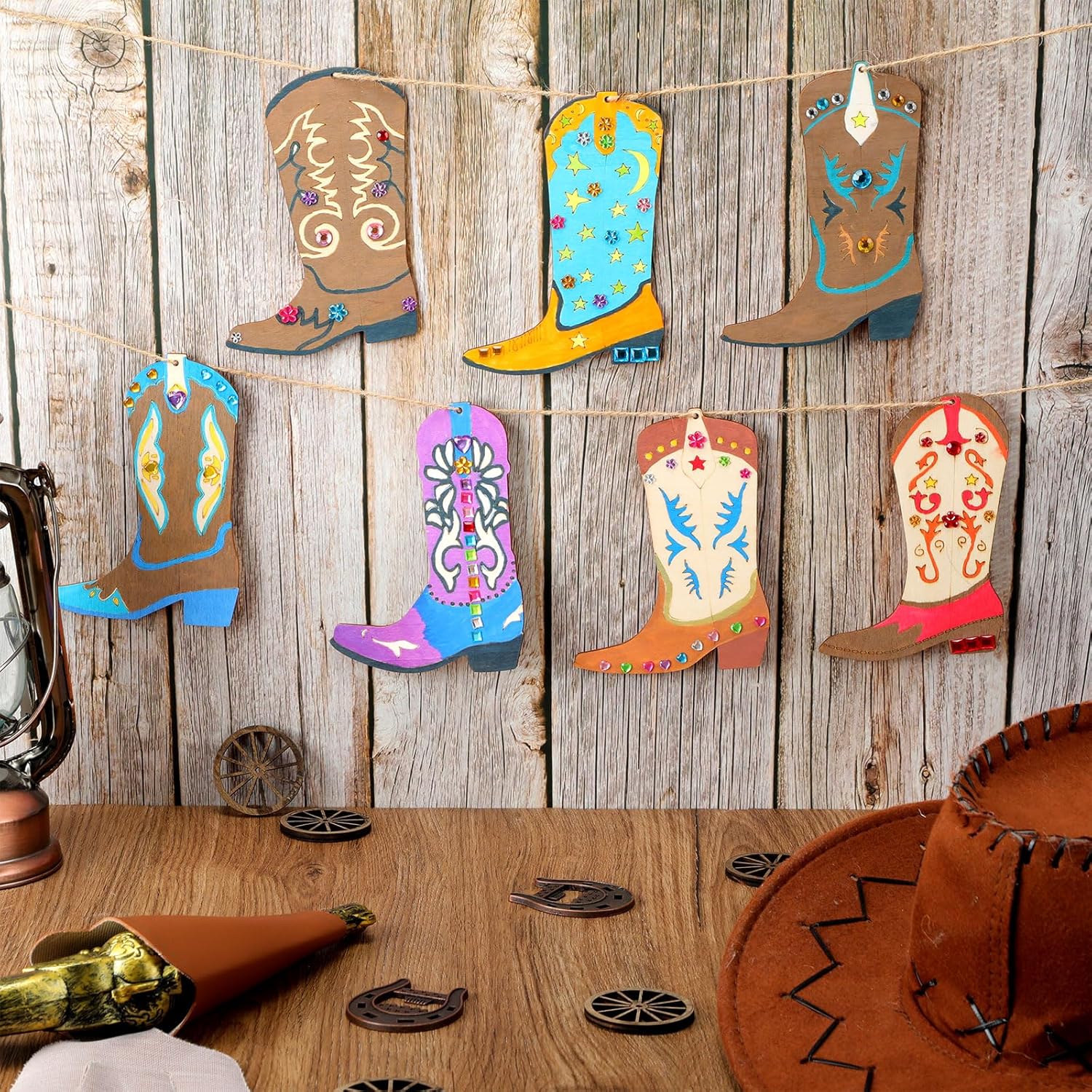 Blueweenly 24 Pcs Cowboy Party Favors Wood DIY Crafts, Unfinished Western Crafts Wooden Ornaments for Western Theme Birthday Party Classroom DIY Activities