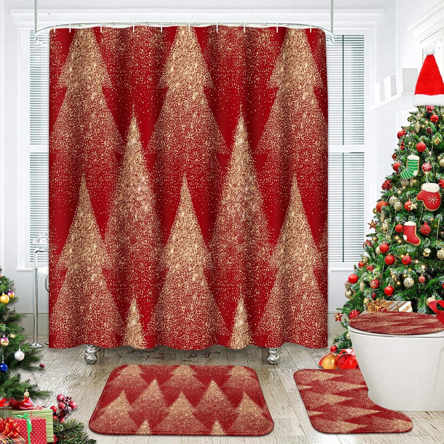 ArtSocket Christmas Tree Bathroom Set with Shower Curtain and Rugs and Accessories, Gold Red Winter, Forest Holiday Shower Curtains for Bathroom Decor 4 Pcs
