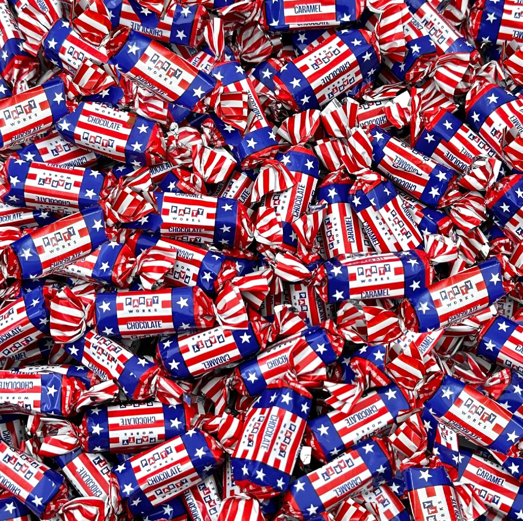 Patriotic Candy - 3 Pound Pack (About 220 Count) - Chocolate Flavored Caramels - Fourth of July Candy Bulk - Individually Wrapped Red White and Blue Taffies