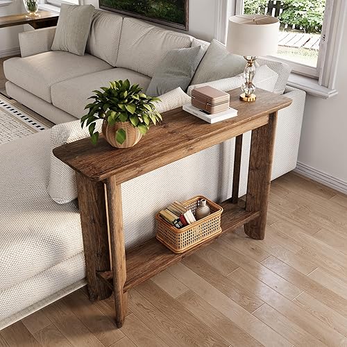 Miniatura 4 de LITTLE TREE Mesa de sofá de 41.3 pulgadas, mesa consola de madera maciza de 2 niveles para sala de estar, moderna mesa de sofá detrás del sofá, mesa