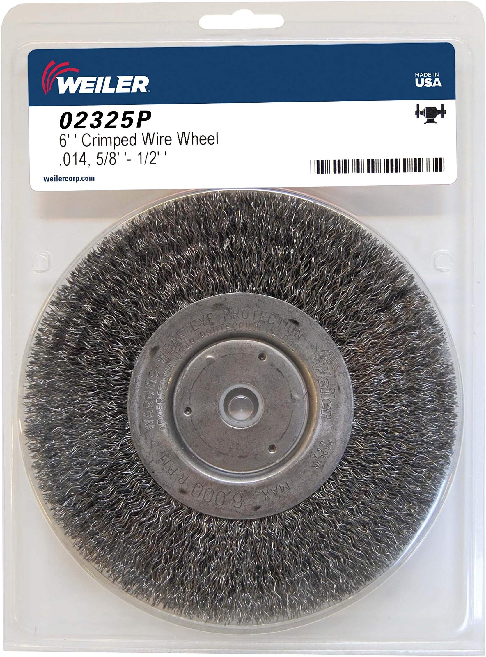 Weiler 02325 6" Wolverine Medium Face Bench Grinder Wheel, .014" Crimped Steel Wire Fill, 5/8"-1/2" Arbor Hole, Made in The USA
