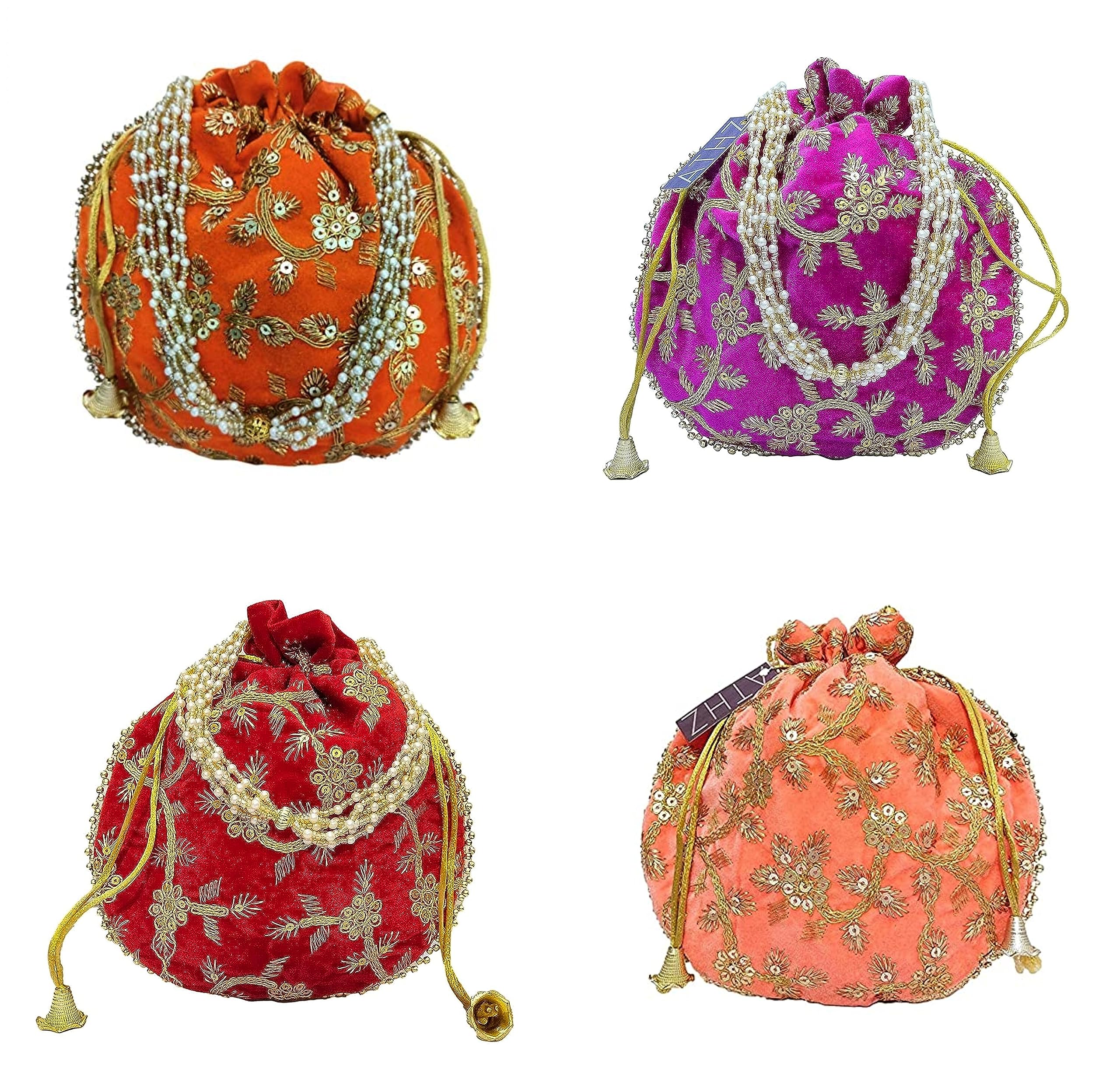 athz Potli Bag Velvet Golden work Multi-color wedding potli for ladies (Dark Orange,Peach, Red, Pink)-picture-12