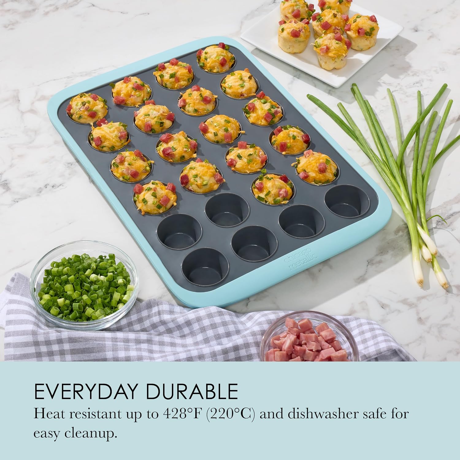 Chicago Metallic Silicone Mini Muffin Pan 24 Cup, Nonstick Cupcake Pan with Wire-Reinforced Rim, Oven Safe Flexible Baking Mold for Muffins, Egg Bites, and More, Blue, 14.6 x 10 Inches