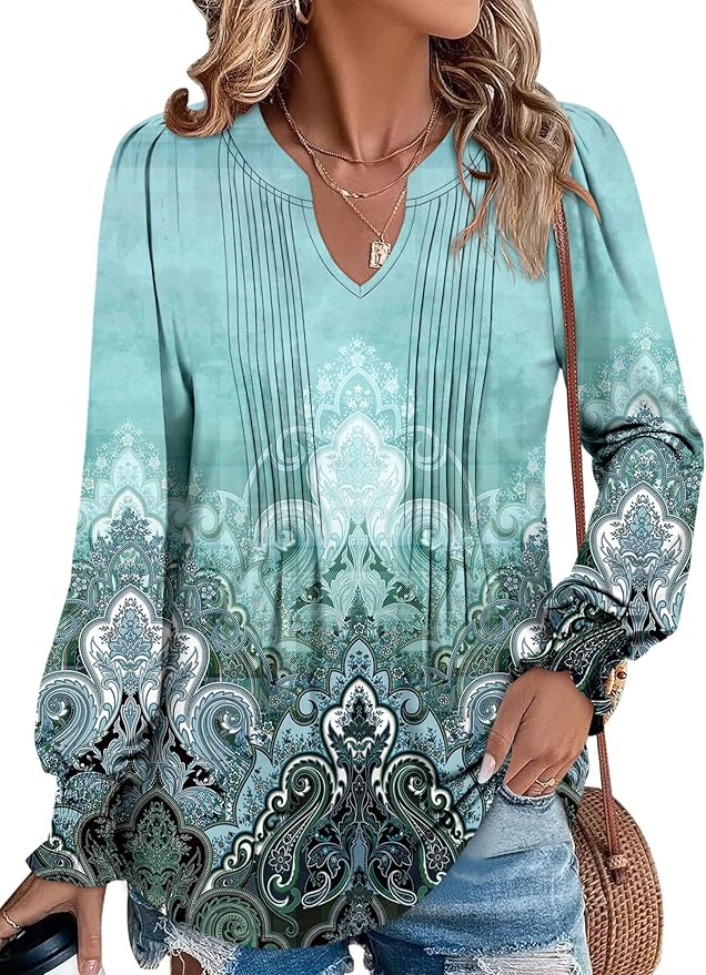 BETTE BOUTIK Long Sleeve Shirts for Women Fall Tops Dressy Blouses Pleated V Neck Tunic Tops for Leggings S-3XL