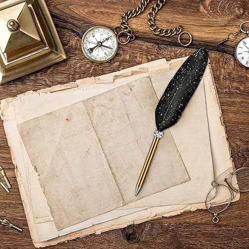 Miniatura 7 de Bolígrafo de plumas y soporte para bolígrafo de metal vintage, tinta negra, pluma de plumas vintage con 5 piezas de repuesto para boda, firma para