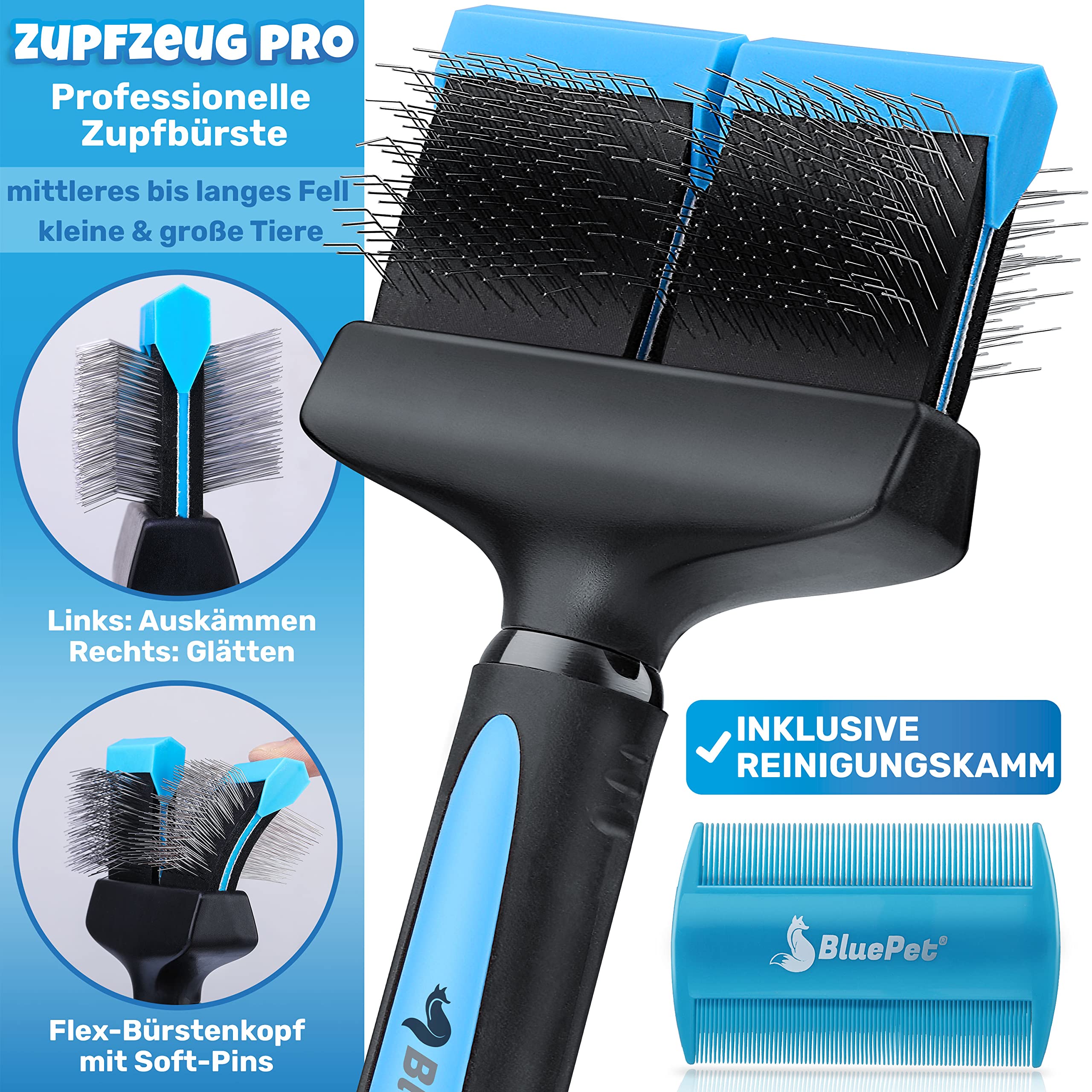 BluePet ZupfZeug Pro Professionelle Hundebürste Langhaar, Flexible Zupfbürste für Hunde & Katzen I Entfernt sanft Unterwolle, Verfilzungen & Knoten (Doppelkopf Blau)