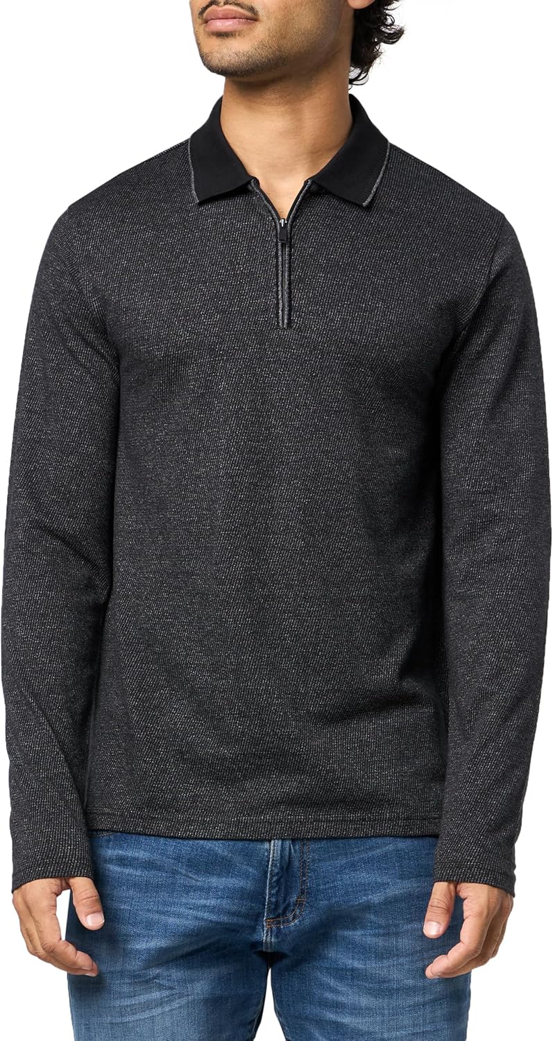 KARL LAGERFELD Men's 1/4 Zip Long Sleeve Textured Straight Collar Shirt