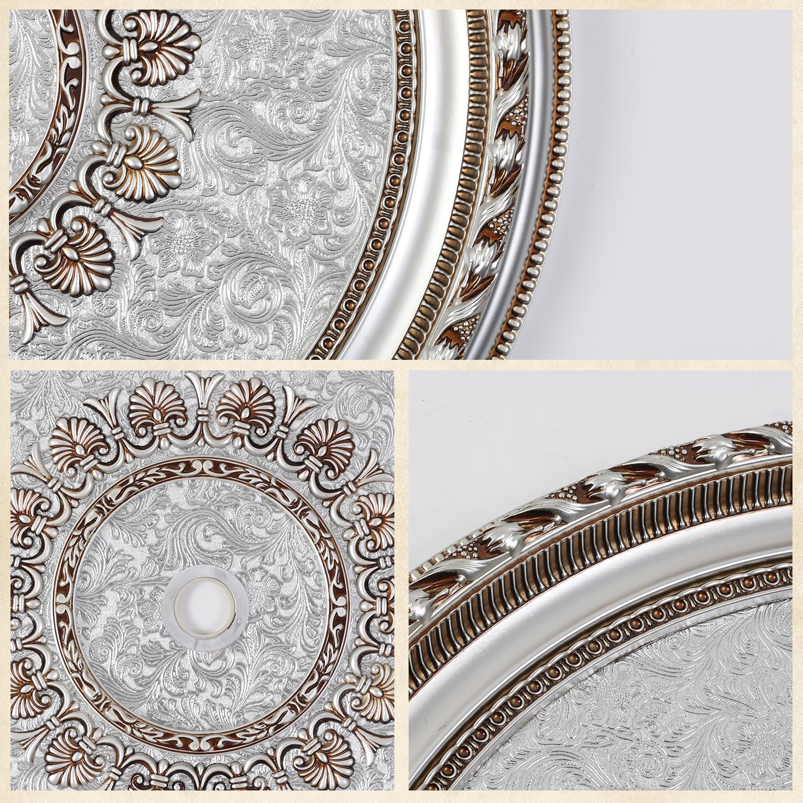Large Ceiling Medallion, 31.5 Inch, Silver and Gold, Floral Embossed, for Light Fixtures and Chandeliers — Amazon image 6