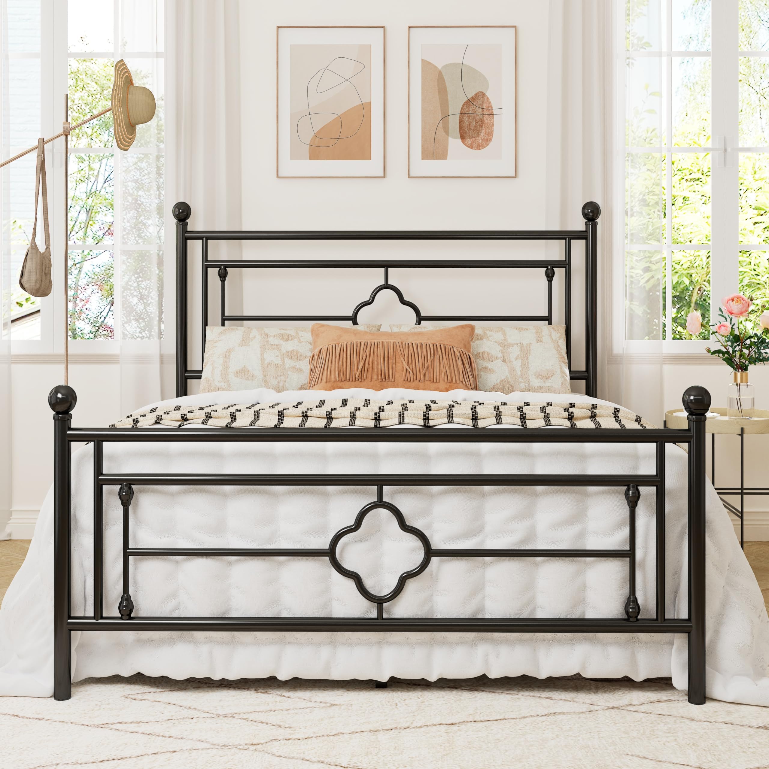 Allewie Full Size Metal Platform Bed Frame with Victorian Vintage Headboard and Footboard/Mattress Foundation/Under Bed Storage/No Box Spring Needed/Noise-Free/Easy Assembly, Black