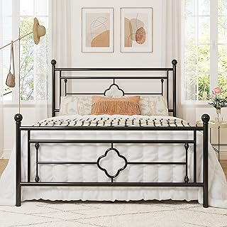 Allewie Queen Size Metal Platform Bed Frame with Victorian Vintage Headb...