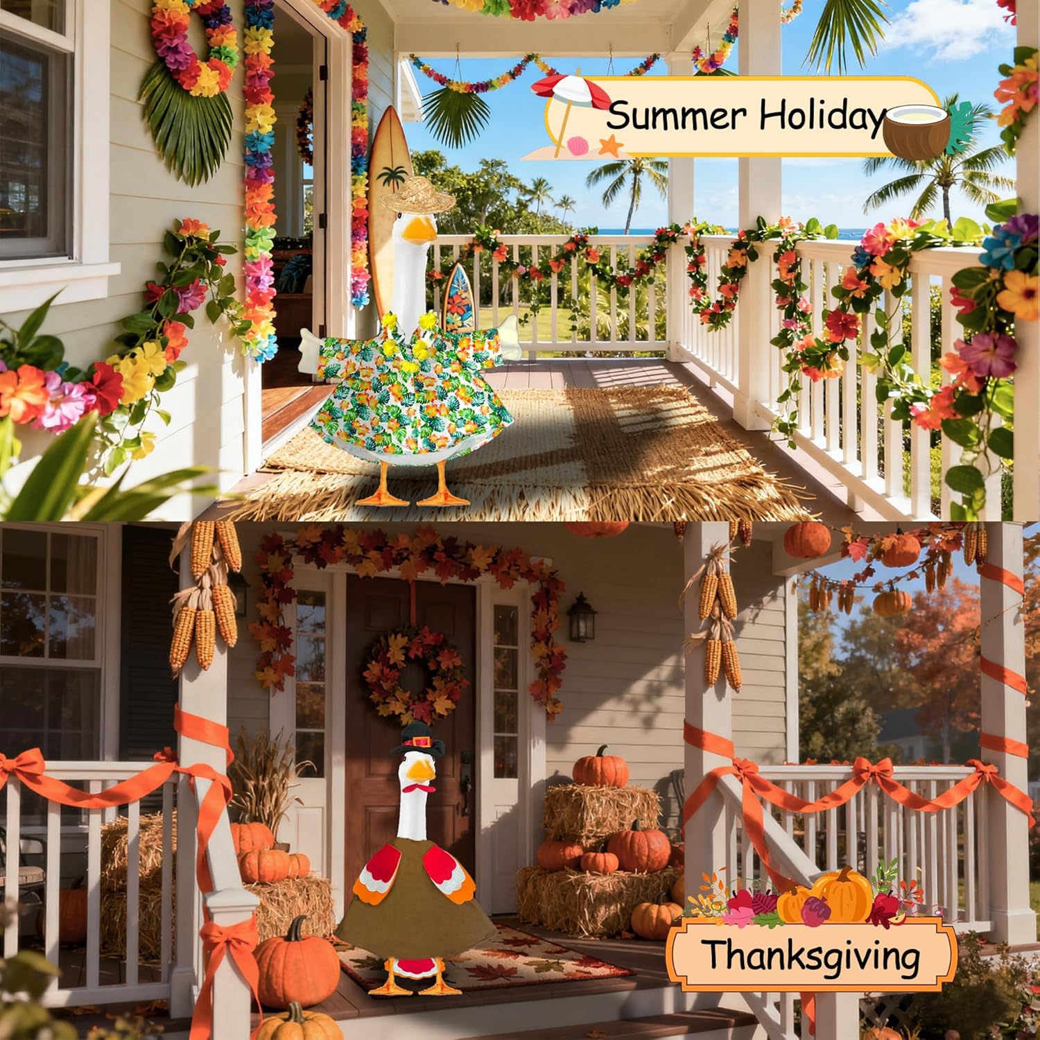 8 Set Holiday Porch Goose Outfits - St. Patrick Easter Hawaiian Theme Independence Halloween Thanksgiving Christmas Valentine Lawn Porch Goose Flamingo Cloths Fit 23" H Statue Patio Yard Outdoor Decor