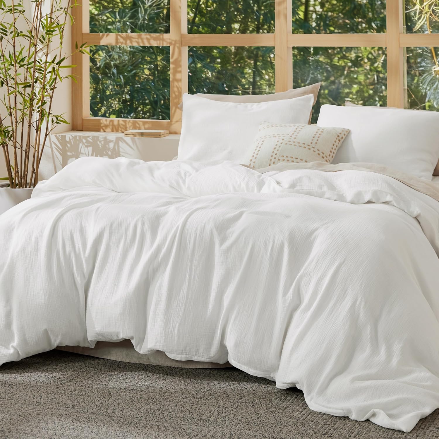 Bedsure Muslin Duvet Cover Queen Size - Cotton Blend Rayon Derived from Bamboo, Cooling Duvet Covet for Hot Sleepers - Ultra-Soft & Breathable Bedding Set for All Seasons(White, 90"x90")