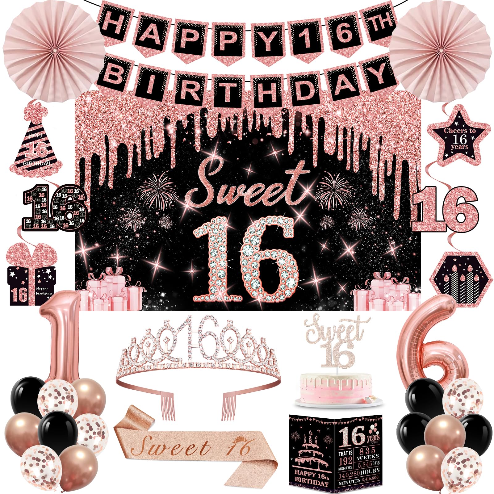 16th Birthday Decorations for Girls, 32pcs 16th Birthday Party Decorations, Including Backdrop, Crown, Sash, Banner, Hanging Swirl, Cake Topper, Balloons, Anniversary Card, Paper Fans