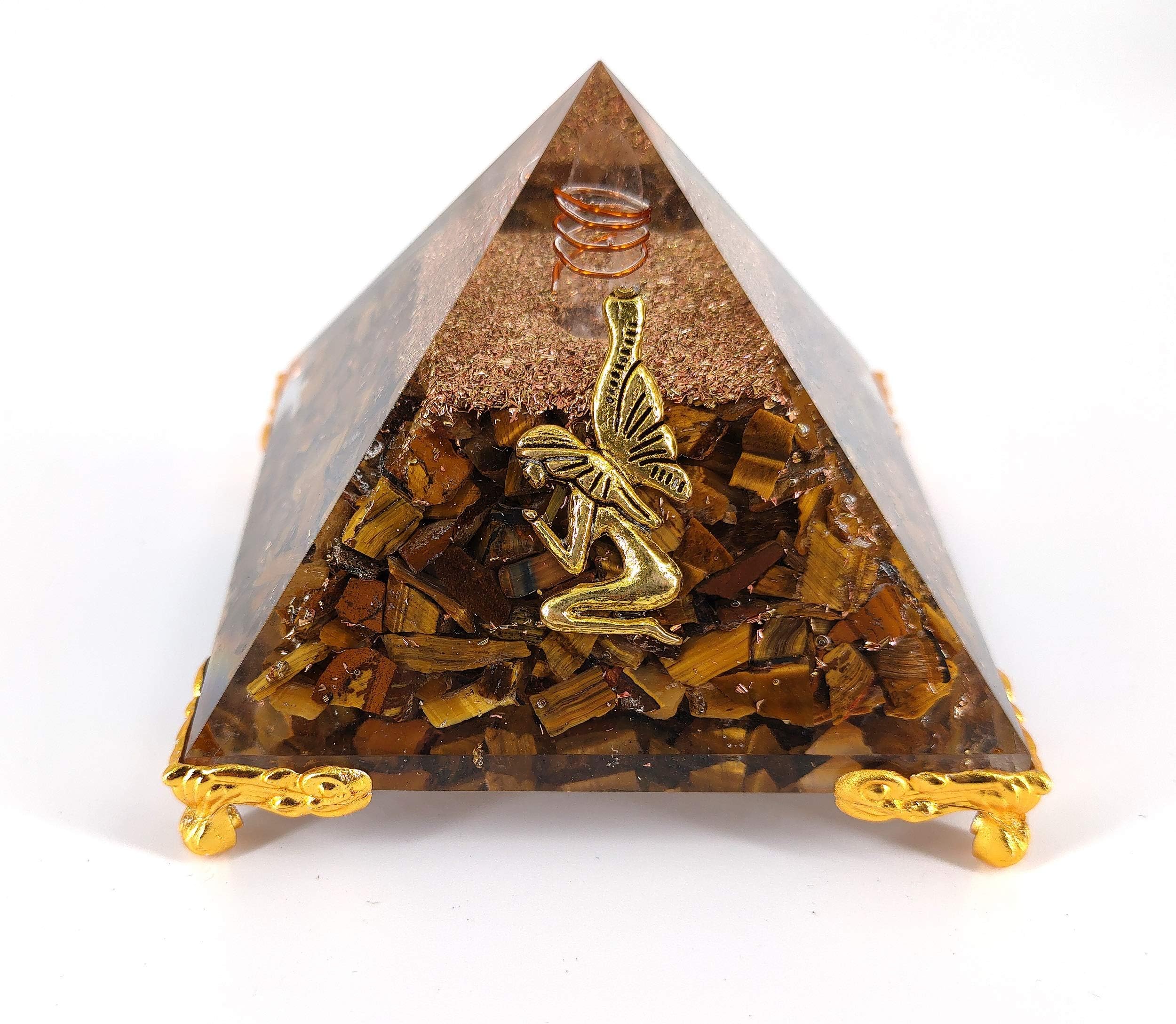 White Whale Tiger Eye Orgone Pyramid Energy Generator Reiki Healing Crystal Chakra with Gold Stand Feng Shui Pyramid