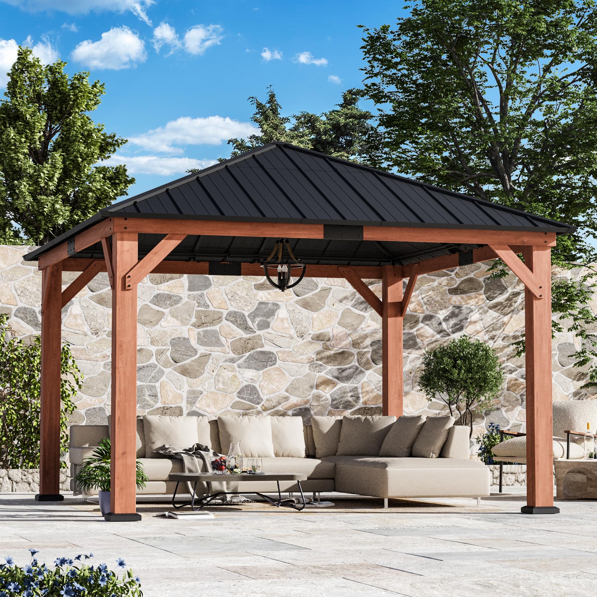 Modern Shade Tranquil Grove Wood Gazebo 12' x 12', Permanent Grill Gazebo with Galvanized Steel Hardtop Roof, Cedar Framed Wooden Pavilion for Garden,