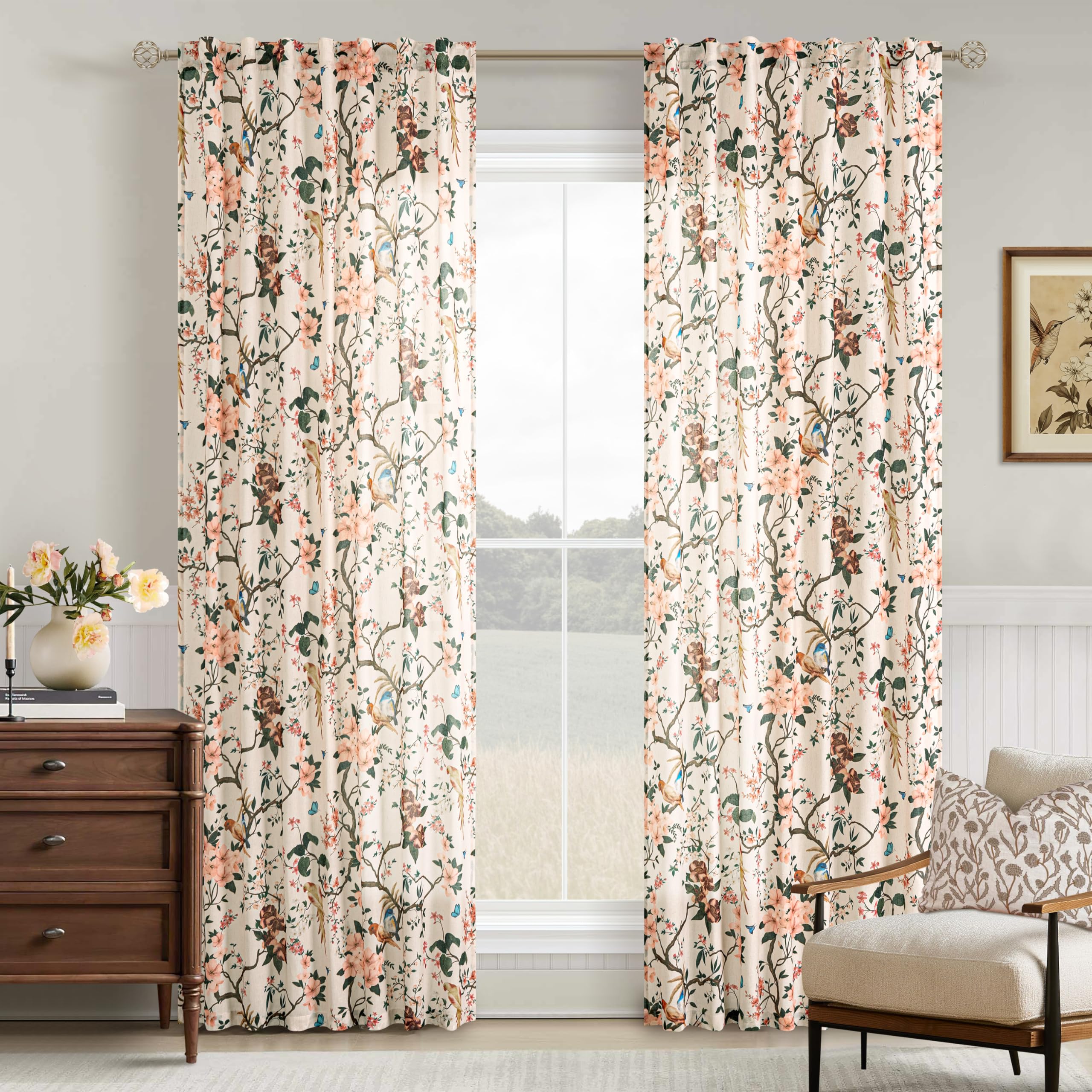 Sand Beige Bird Linen Curtains 84 Inches Long for Living Room 2 Panels | Floral,Back Tab,Vintage,Farmhouse Country,Semi Sheer,Beige Tan,Printed Flower Leaf,Window Drapes,for Dining Room,7ft