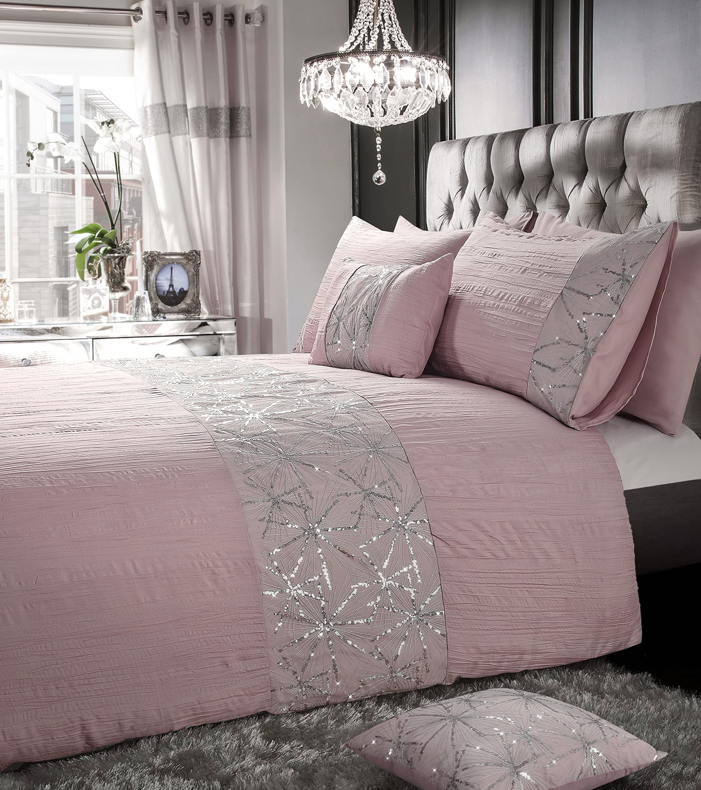 Intimates Crinkle Ruffle Sparkle Diamante Sequins Lace Star Bedding Duvet Cover and Pillowcase Set (Double, Marini Blush Pink)