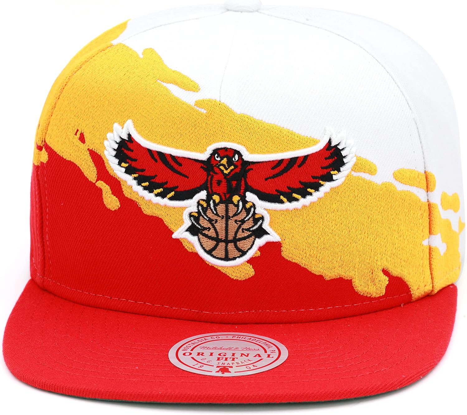 Mitchell & Ness Atlanta Hawks Paintbrush Snapback Hat Adjustable Cap HWC - Red/Yellow/White, One Size