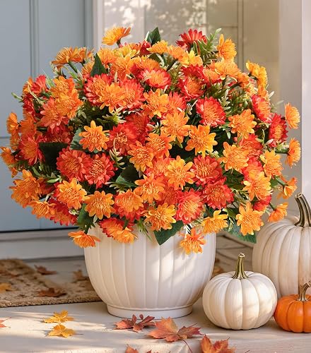 Artificial Fall Mum Flowers for Outdoor, Faux Chrysanthemum Bushes UV